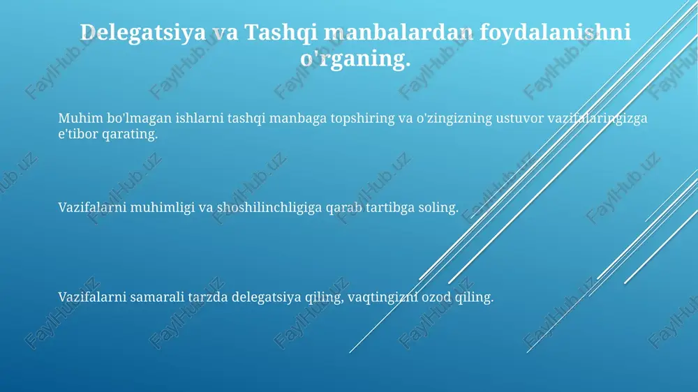 inda bo'lish: doimiy reja tuzing, vaqtni samarali taqsimlang va o'zgarib turuvchi sharoitlarga moslashing. vaqtni boshqarish: vazifalarni ustuvorlashtirish, vositalar va texnikalardan foydalanish, katta vazifalarni kichik, boshqarish mumkin bo'lgan qismlarga bo'lish. vaqt jadvalining moslashuvchanligi: qattiq rejalardan qochish vaqtni boshqarish: ish va o'qishda vazifalarni ustuvorlashtirish, muddatlarni belgilash va vaqtni samarali ishlatish bo'yicha samarali usullarni o'zlashtirish. vaqtni samarali boshqarish orqali unumdorlikni oshirish, stressni kamaytirish va umumiy farovonlikni yaxshilash. vaqt jadvaliga moslashuvchanlik: qattiq jadvallardan qochish va hayotdagi kutilmagan burilishlarga moslashish uchun moslashuvchan vaqt jadvallarini qabul qiling. distraksiyalarni kamaytirish: texnologiya va undan tashqari o'qish va ish faoliyatingiz uchun samarali vaqtni boshqarish usullarini qo'llang. texnologiya va boshqa manbalardan chalg'ituvchi omillarni kamaytiring. texnologiya va boshqa manbalardan chalg'ituvchi omillarni kamaytiring. o'ylab ko'ring va moslashing: doimiy takomillashtirish doimiy takomillashtirish jarayonlarni tahlil qilish va takomillashtirish orqali taraqqiyotni boshqaradi. o'qish va ish uchun vaqtni strategik taqsimlash samaradorlikni oshiradi, stressni kamaytiradi va muvaffaqiyatga yetaklaydi. vaqtni samarali boshqarish texnikalari shaxslarga vazifalarni tartiblash, rejalashtirish va …