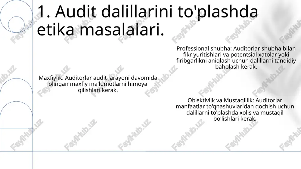 dalillari turli manbalardan, masalan, hujjatlar, kuzatuvlar va tasdiqlashdan olinishi mumkin. so'rash bilimli shaxslardan ma'lumot olishni o'z ichiga oladi. audit dalillari moliyaviy hisobotlarga nisbatan fikr hosil qilish uchun auditor tomonidan ishlatiladigan ma'lumotlardir. 13. so'rov tasdiqlash: talabga javoban uchinchi shaxsdan olingan dalil. audit dalillari: moliyaviy hisobotlar to'g'risida fikr shakllantirish uchun auditor tomonidan ishlatiladigan ma'lumot. audit dalillari: auditorning fikrini tasdiqlash uchun tegishli, ishonchli va yetarli bo'lishi kerak. 14. tasdiqlash maqsad: aniqlik, muvofiqlik va javobgarlikni ta'minlash. hujjat talablari: faoliyat, siyosat va jarayonlarning rasmiy yozuvlari. tekshirish dalillari: da'volar va faoliyatlarni tasdiqlovchi qo'llab-quvvatlovchi ma'lumotlar. 15. hujjat talablari topilmalarni xolis, xushomadsiz va shaxsiy fikrlarsiz taqdim eting. tekshiruv natijalarini yetarli, ishonchli va tegishli tekshiruv dalillari bilan tasdiqlang. topilmalarni og'zaki va yozma ravishda aniq va qisqacha bayon qiling. 16. audit natijalarini xabar qilish auditor audit fikrini tasdiqlash uchun yetarli va tegishli audit dalillarini olishi kerak. audit dalillari - bu auditor tomonidan moliyaviy hisobotlarga nisbatan fikr shakllantirish uchun ishlatiladigan har …