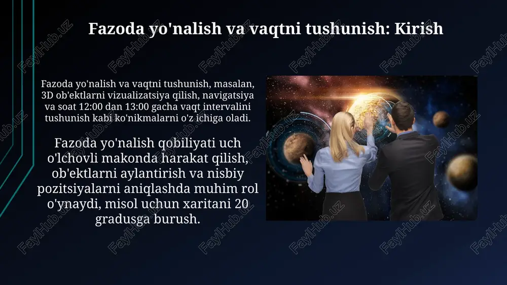 ilishining alomatlari vaqt tushunchasi buzilishining alomatlaridan biri, kun davomida 2-3 soatlik uchrashuvlarni rejalashtirishda qiyinchilik sezish, ayniqsa, ish vaqtidan tashqari paytlarda kuzatiladi. ba'zi odamlar vaqtni anglash buzilishida voqealar ketma-ketligini chalkashtirib yuborishlari mumkin, masalan, kecha ertalabki soat 10:00 da bo'lgan voqeani bugun tushdan keyin bo'ldi deb o'ylashadi. fazoviy ko'nikmalarni baholash usullari fazoviy ko'nikmalarni baholashda piagetning uchta tog' muammosi kabi testlardan foydalaniladi, bunda bolaning nuqtai nazarini boshqa shaxsning nuqtai nazari bilan solishtirish qobiliyati tekshiriladi. mental rotatsiya testlari fazoviy qobiliyatni baholashda muhim, bunda ishtirokchilar 2d yoki 3d shakllarning burilgan versiyalarini aniqlashlari kerak, bu ularning ko'rish qobiliyatini sinovdan o'tkazadi. vaqtni idrok etishni baholash usullari vaqtni idrok etishni baholashda, verbal baholash usullari, masalan, 1 dan 10 gacha shkala bo'yicha o'tgan vaqtni baholash, sezgilarni aniqlashga yordam beradi. nafas olish tezligini o'lchash vaqtni idrok etishda vegetativ o'zgarishlarni aniqlash imkonini beradi, bu esa 20-30 daqiqalik mashqlar vaqtida kuzatiladi. fazoviy yo'nalishni yaxshilash strategiyalari fazoviy xotirani yaxshilash uchun 'xotira saroyi' texnikasidan …