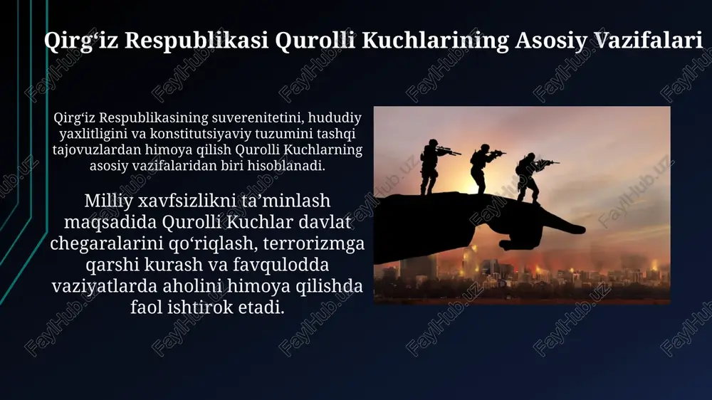 harbiy taʼlim tizimi aspirantura va doktorantura dasturlarini oʻz ichiga oladi, bu esa harbiy fan sohasida yuqori malakali mutaxassislarni tayyorlashga qaratilgan. ushbu tizimda harbiy xizmatchilarning malakasini oshirish uchun 6 oydan 2 yilgacha davom etadigan maxsus kurslar mavjud, bu ularning professional darajasini oshiradi. xalqaro hamkorlik xalqaro hamkorlik xalqaro hamkorlik e'tiboringiz uchun rahmat image2.jpg image3.jpg image4.jpg image5.jpg image6.jpg image7.jpg image8.jpg image9.jpg image10.jpg image11.jpg image12.jpg