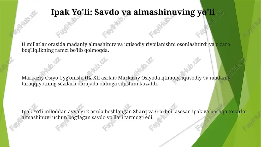 lgi 2-asrda paydo bo'lib, asosan ipak va boshqa tovarlar uchun sharqni g'arb bilan bog'lovchi savdo yo'llari tarmog'i sifatida shakllandi. ipak yo'li xalqlar o'rtasida madaniy almashinuv va iqtisodiy rivojlanishni ta'minladi, bugungi kunda turizm va madaniyatlararo tushunishni rag'batlantiradi. markaziy osiyoda 9-12-asrlar ijtimoiy, iqtisodiy va madaniy taraqqiyotning muhim davri bo'lib, gullab-yashnayotgan shaharlar, ilmiy va badiiy yutuqlar, shuningdek, kuchli imperiyalar bilan tavsiflangan. ipak yo'li: dunyo o'rtasidagi ko'prik ipak yo'li miloddan avvalgi 2-asrda paydo bo'lib, sharq va g'arbni, asosan ipak va boshqa tovarlar uchun bog'laydigan savdo tarmog'i sifatida shakllangan. markaziy osiyo uyg'onishi (ix-xii asrlar) markaziy osiyoda shaharlarning rivojlanishi, ilmiy va badiiy taraqqiyot va kuchli imperiyalarning paydo bo'lishi bilan ajralib turgan muhim yutuqlarga guvoh bo'ldi. ipak yo'li madaniy almashinuv va iqtisodiy rivojlanishga yordam berdi, bugungi kunda ham o'zaro bog'liqlik ramzi bo'lib, turizmni rivojlantirishga va madaniyatlararo tushunishni targ'ib qilishga xizmat qiladi. ipak yo'lining madaniyat va jamiyatga ta'siri ipak yo'li xalqlar o'rtasida madaniy almashinuv va iqtisodiy rivojlanishni ta'minladi. …