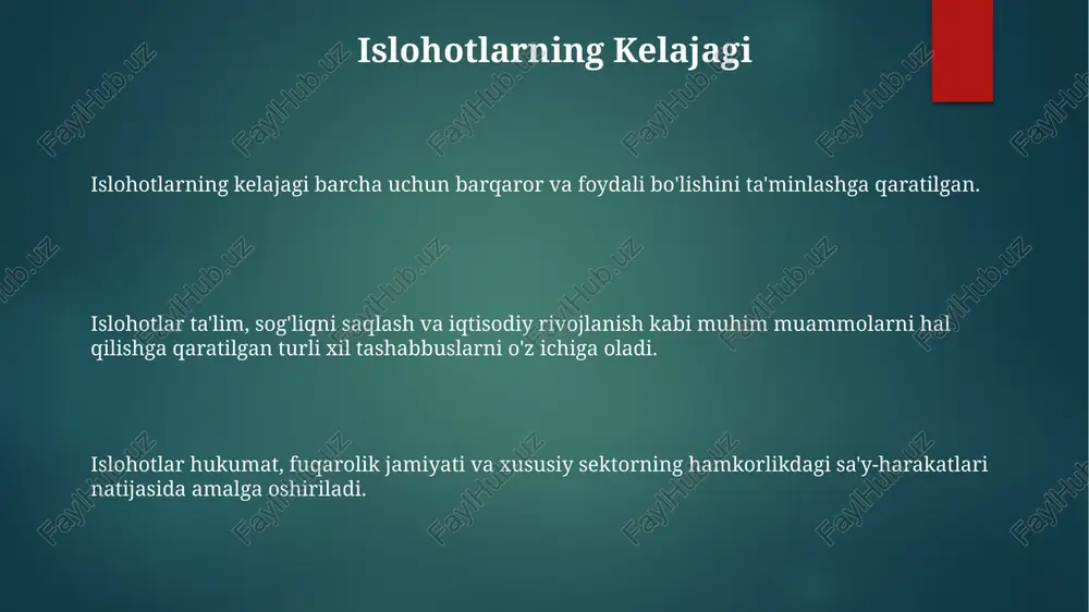 i oshirish maqsadida joriy etish. islohotlar tarixiy konteksti islohotlarning sabablari va kutilayotgan natijalar. o'sha davrning mavjud ijtimoiy, siyosiy va iqtisodiy tuzilmalari. hokimiyatdagilar tomonidan amalga oshirilgan o'zgarishlar yoki o'zgartirishlar. ekologik islohotlar atrof-muhitga ta'sirini kamaytirish, qayta tiklanadigan energiyani rag'batlantirish va mas'uliyatli resurslarni boshqarishni targ'ib qiladigan siyosat va qoidalarni amalga oshirish. ekosistemlarni barqaror amaliyotlar orqali himoya qilish, ifloslanishni kamaytirish va bioxilma-xillikni saqlashni rag'batlantirish. ekologiya masalalari bo'yicha jamoatchilik xabardorligini va ishtirokini oshirish, shaxslarni barqaror tanlovlar qilishga kuchlantirish va ekologik ta'limni targ'ib qilish. iqtisodiy islohotlar xususiylashtirish: davlatga tegishli korxonalarni xususiy mulkka o'tkazish. liberallaştirish: iqtisodiyotni xorijiy investitsiyalar va raqobatga ochish. liberallaştirish: iqtisodiyotni xorijiy investitsiyalar va raqobatga ochish. isloh qilishdagi qiyinchiliklar mustahkam manfaatlarning qarshiligi, siyosiy iroda etishmasligi va jamoatchilik befarqligi. amalga oshirishdagi qiyinchiliklar, kutilmagan oqibatlar va doimiy sadoqat talab etiladi. iqtisodiy qayta tiklash, siyosiy liberalizatsiya va ijtimoiy adolat tashabbuslari. e'tiboringiz uchun rahmat @taqdimot_robot image1.png image2.png image3.png image4.png image5.png image6.png image7.png image8.png image9.png image10.png