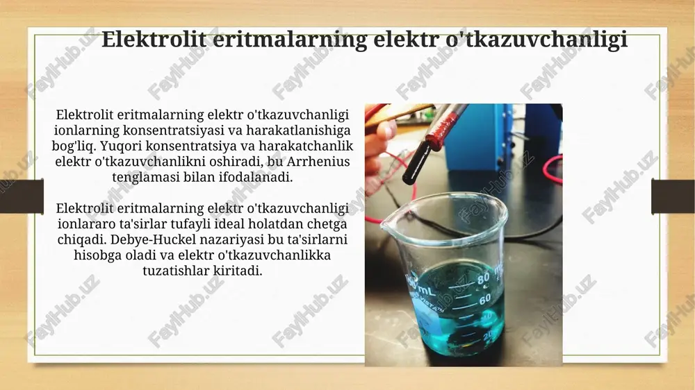 gacha boʻlgan eritmalar uchun mos, chunki ion harakatchanligi konsentratsiya bilan bogʻliq. konduktometriya, kalibrlash egri chizig'i orqali noma'lum eritmaning konsentratsiyasini aniqlash imkonini beradi, bunda o'tkazuvchanlik ma'lum konsentratsiyalar bilan taqqoslanadi. konduktometriyaning afzalliklari va kamchiliklari konduktometriya eritmalarning konsentratsiyasini 0.001 m dan past boʻlgan juda suyultirilgan holatlarda aniqlashda afzalroqdir, chunki titrlash xatolarini minimallashtiradi. conductometriya usuli ionlarning harakatchanligini oʻlchash imkonini beradi, lekin murakkab eritmalarda ion oʻzaro taʼsirlari tufayli aniq qiymatlarni olish qiyin boʻlishi mumkin. konduktometriyaning amaliy qo'llanilishi konduktometriya suvning tozaligini baholashda keng qo'llaniladi; masalan, 18.2 mω·cm o'ta toza suv ishlab chiqarish va monitoring qilishda muhim ahamiyatga ega. oqova suvlarni tozalash jarayonlarida konduktometrik sensorlar ion tarkibini aniqlash orqali suv sifatini nazorat qilish va optimal rejimni ta'minlash uchun ishlatiladi. e'tiboringiz uchun rahmat image8.jpg image9.jpg image10.jpg image11.jpg image12.jpg image13.jpg image14.jpg image15.jpg image16.jpg image17.jpg image18.jpg image3.png image4.png