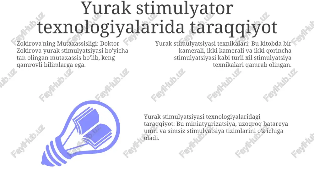 muntazam tekshiruvlarni o'z ichiga oladi. implantatsiyadan keyingi parvarish qurilmani kuzatish, dori-darmonlarni boshqarish va turmush tarzini o'zgartirishni o'z ichiga oladi. yurak sinxronlashtirish terapiyasi (yst) yurak sinxronizatsiyasi terapiyasi (crt) - bu yurak urishi ritmini sinxronlashtirish uchun yurak stimulyatori yordamida yurak yetishmovchiligini davolash usuli. bu odatda yurak yetishmovchiligi bo'lgan, sekin yurak urishi yoki zaiflangan chap qorinchaga ega bemorlarda qo'llaniladi. yurakka elektr impulslari yuboradigan qurilmani o'rnatishni o'z ichiga oladi, bu esa yurak qisqarishini muvofiqlashtiradi va qonni nasos qilish samaradorligini oshiradi. yurak stimulyatori o'rnatish jarayoni add text add text add text add text add text add text yurakning turli xonalarini maqsad qilib, bir xonali, ikki xonali va ikki qorincha stimulyatsiyasi kabi usullar qo'llaniladi. jarayon minimal invaziv usulda amalga oshiriladi, ya'ni yurak stimulyatori va elektrodlari uchun kichik bir kesma qilinadi. yurak stimulyatori o'rnatish, yurak ritmini tartibga solish uchun ko'krakka qurilma joylashtirishni o'z ichiga olgan jarrohlik amaliyotini o'z ichiga oladi. yurak stimulyatsiyasi kirish 01 02 03 kitob …
