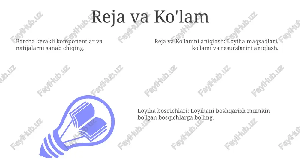 bilan hamkorlik mantiqdorlar bilan hamkorlik: loyiha davomida mantiqdorlarni aniqlash, ular bilan aloqa o'rnatish va ularni boshqarish. loyihada ishlatilgan ma'lumotlar, hujjatlar va boshqa resurslar. loyiha bosqichlari: rejalashtirish, amalga oshirish, monitoring va boshqarish, va yakunlash. aloqa & hamkorlik aloqa & hamkorlik: samarali aloqa umumiy tushunish, fikr-mulohaza va muammolarni hal qilish uchun juda muhim. mazmun hujjatlar, taqdimotlar, vizuallar va ma'lumotlar kabi turli shakllarni o'z ichiga oladi, loyiha maqsadlari va muloqotni qo'llab-quvvatlaydi. mazmun hujjatlar, taqdimotlar, vizuallar va ma'lumotlar kabi turli shakllarni o'z ichiga oladi, loyiha maqsadlari va muloqotni qo'llab-quvvatlaydi. talablarni yig'ish loyiha bosqichlari: rejalashtirish, dizayn, ishlab chiqish, sinov, joylashtirish va texnik xizmat ko'rsatish. talablarni to'plash: foydalanuvchilarning ehtiyojlari va loyihaning maqsadlarini aniqlash. loyihada ishlatilgan matn, rasmlar, videolar va boshqa resurslar. ta'lim va hujjatlashtirish o'quv va hujjatlar: foydalanuvchilar uchun to'liq o'quv materiallari va hujjatlarni ishlab chiqing. loyiha bosqichlari: har bir bosqich uchun vazifalar va natijalarni belgilovchi aniq loyiha bosqichlarini belgilang. o'zingizning auditoriyangizga moslashtirilgan yuqori sifatli, tegishli …
