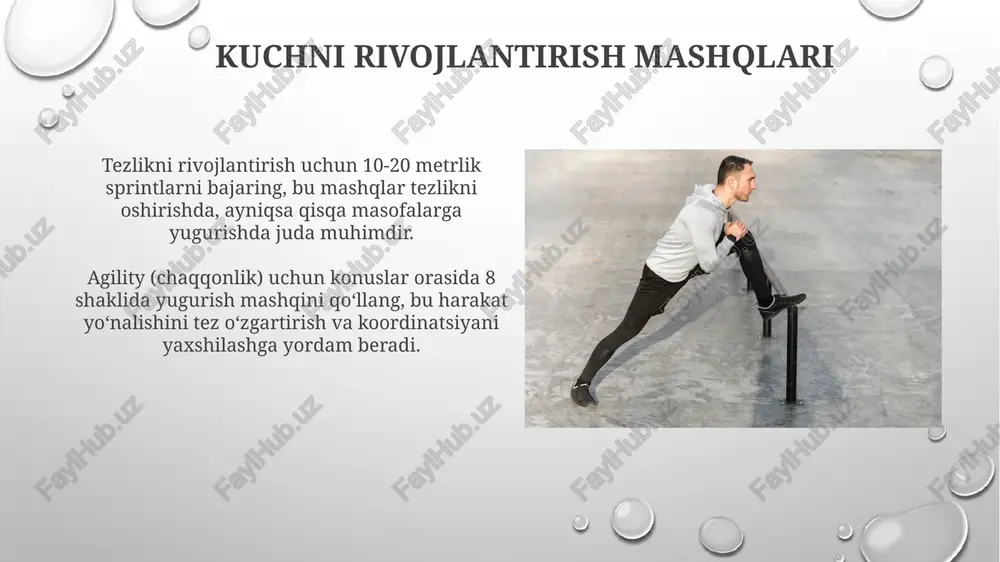 nlikni rivojlantirish uchun samarali, har qanday joyda bajarish mumkin. 'planka' kabi izometrik mashqlar asosiy mushaklar kuchini oshiradi, barqarorlikni yaxshilaydi va boshqa tana vazni mashqlari uchun 1-2 bosqich tayyorgarlik vazifasini bajaradi. dori to'pi mashqlari dor to'pi mashqlari muvozanat, koordinatsiya va asosiy mushaklar kuchini rivojlantiradi, bu esa sportchilarga tezkorlik va harakatlanish qobiliyatini oshirishga yordam beradi, ayniqsa 360 gradus burilishlarda. dor to'pi bilan press mashqlari qorin bo'shlig'i mushaklarini mustahkamlaydi, bu esa bel umurtqa pog'onasini himoya qiladi va to'g'ri holatni saqlashga yordam beradi, optimal ish faoliyatini ta'minlaydi. qarshilik chiziqlari bilan mashqlar qarshilik chiziqlari bilan mashqlar, masalan, band row, 10-12 marta 3 to'plamda bajarish orqali orqa mushaklarini mustahkamlash va durust turishni yaxshilash mumkin. qarshilik chiziqlari bilan yon qadamlar, 15-20 qadamdan 3 to'plam, dumba va son mushaklarini faollashtiradi, bu esa sportdagi tezlik va harakatlanishni oshiradi. sovutish va tiklanish sovutish harakatlari, masalan, yengil yugurish 5-10 daqiqa davomida, laktat kislotasining mushaklardan chiqishiga yordam beradi, bu esa tiklanishni tezlashtiradi. …