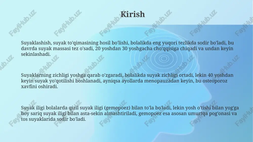 qsa ayollarda menopauzadan keyin estrogen gormoni kamayishi tufayli suyak zichligining keskin pasayishiga olib keladi, bu esa sinish xavfini oshiradi. suyak zichligi odatda 30 yoshgacha eng yuqori cho'qqiga chiqadi. keyin esa, kaltsiyning so'rilishi kamayishi va suyak hosil bo'lishi sekinlashishi tufayli asta-sekin kamayishni boshlaydi. yosh ulg'aygan sari suyak matrixidagi kollagen tarkibi o'zgarib, suyak mo'rtlashadi. bu suyakning mustahkamligini pasaytiradi va stress sinishlari ehtimolini oshiradi. osteoporoz: ta'rif, sabablari va xavf omillari osteoporozning asosiy sabablaridan biri – kaltsiy va d vitaminining yetishmasligi, gormonal o'zgarishlar (masalan, menopauza davrida estrogenning kamayishi) ham muhim rol o'ynaydi. osteoporoz – suyak zichligining kamayishi bilan xarakterlanadi, natijada suyaklar mo'rtlashib, sinish xavfi ortadi. bu jarayon ko'pincha minimal jarohatlar bilan ham sodir bo'lishi mumkin. osteoporoz xavf omillari orasida: keksalik (65 yoshdan oshganlar), oilaviy anamnezda kasallikning mavjudligi, chekish, spirtli ichimliklarni suiiste'mol qilish va jismoniy faollikning pastligi kiradi. osteoporozning diagnostikasi osteoporoz diagnostikasida dexa skanerlash (ikkilamchi energiyali rentgen absorbsiometriyasi) suyuklik zichligini o'lchashning oltin standartidir, t-ko'rsatkichi -2.5 …