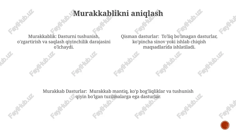 ntlar yoki sezilarli ma'lumot bog'liqliklarini o'z ichiga oladi. qisman dasturlar to'liq emas, ma'lumot yoki ko'rsatmalar yetishmaydi, ularni yanada rivojlantirish talab etiladi. qisman dasturlar sinov, prototip yaratish yoki modulli rivojlanish uchun ishlatilishi mumkin, bu katta loyihalar uchun asos yaratadi. qisman dastur integratsiya strategiyalari bosqichma-bosqich integratsiya: dasturning kichik bir qismini boshlang, uni sinab ko'ring, so'ngra asta-sekin ko'proq xususiyatlarni qo'shing. bosqichli integratsiya: dasturni alohida bosqichlarga bo'lib, har bir bosqichni alohida integratsiya qilish. yuqoridan pastga integratsiya: avval yuqori darajali modullarni integratsiya qiling, so'ngra pastki darajali modullarga o'ting. qisman dasturlar bilan bog'liq muammolar. kamol bo'lmagan kod bilan xato tuzatish va sinov o'tkazish ancha qiyinlashadi. bog'liqliklarning yo'qligi tufayli kodni qayta ishlatish va integratsiya qilish yanada murakkablashadi. dastur xatti-harakatini tushunish etishmayotgan qismlar tufayli qiyin. xavfsizlik ko'rib chiqishlari resurslarni boshqarish: xizmatdan voz kechish hujumlarini yoki resurslarning tugashini oldini olish uchun tizim resurslarini xavfsiz tarzda taqsimlash va boshqarish. ma'lumotlar maxfiyligi: noqonuniy kirish, foydalanish, ochish, o'zgartirish yoki yo'q qilishdan himoya …