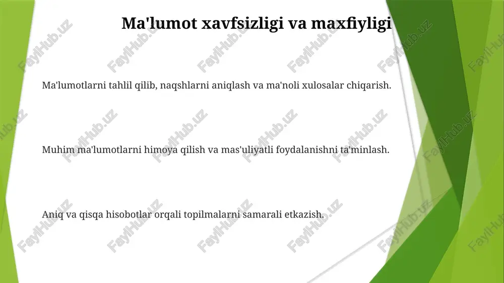 bul qilish uchun vizualizatsiya qilish. ma'lumotlarni baholash: ma'lumotlar sifati, aniqligi va dolzarbligini baholash. ma'lumotlarni taqdim etish: vizualizatsiyalar yordamida topilmalarni aniq va samarali tarzda etkazish. kalit ko'rsatkichlar (kpis) kpilar maqsadlarga erishishdagi taraqqiyotni kuzatadi. ma'lumotlarni taqdim etish aniq tushunish uchun jadvallar va diagrammalar kabi vizual vositalardan foydalanadi. ma'lumotlarni baholash tahlil, tendensiyalar va taqqoslashni o'z ichiga oladi. bilimlar va tavsiyalar stakeholderlarga tushuncha va fikrlarni aniq va samarali tarzda etkazish. ma'lumotlardagi asosiy tendentsiyalar, naqshlar va chetlashishlarni aniqlang. topilmalarni ahamiyatini, ishonchliligini va cheklovlarini aniqlash. ma'lumotlarni boshqarish ma'lumotlarni baholash uning sifatini, dolzarbligini va aniqligini tekshirishni anglatadi. ma'lumotlarni boshqarish ma'lumotlardan foydalanish va xavfsizlik uchun qoidalarni belgilaydi. ma'lumotlarni taqdim etish aniq va ta'sirli vizualizatsiyalar yaratishni o'z ichiga oladi. tendentsiyalar va naqshlar topilmalarni aniq, qisqa va ma'lumotli tarzda taqdim etish. ma'lumotlarda takrorlanuvchi naqshlar va tendentsiyalarni aniqlash. ma'lumotlarda takrorlanuvchi naqshlar va tendentsiyalarni aniqlash. statistik tahlil ma'lumotlarni taqdim etish: graflar, jadvallar va xulosalar orqali tushunchalar va natijalarni etkazish. ma'lumotlarni baholash: ma'lumotlar …