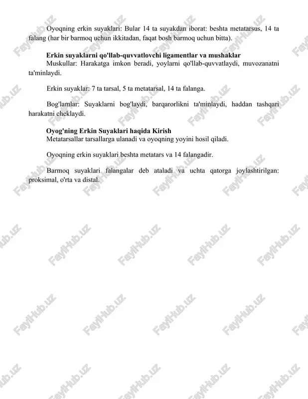 ari falangalar deb ataladi va uchta qatorga joylashtirilgan: proksimal, o'rta va distal. xulosa oyog'ning erkin suyaklari, metatarsallar va falanglardan iborat, yurish va yugurish vaqtida moslashuvchanlik va moslashuvchanlikni ta'minlaydi. ushbu suyaklar, tarsal suyaklari bilan birgalikda, atrofimizni osonlikcha aylanib chiqishga imkon beradigan murakkab tuzilmani hosil qiladi. foydalanilgan adabiyotlar 1. **"klinik anatomiya hududlar bo'yicha" richard l. drake, a. wayne vogl, adam w. m. mitchell (2014). oyoq anatomiyasini, shu jumladan suyaklarini to'liq qamrab oladi.** 2. **"netterning inson anatomiyasi atlasi" frank h. netter (2018)