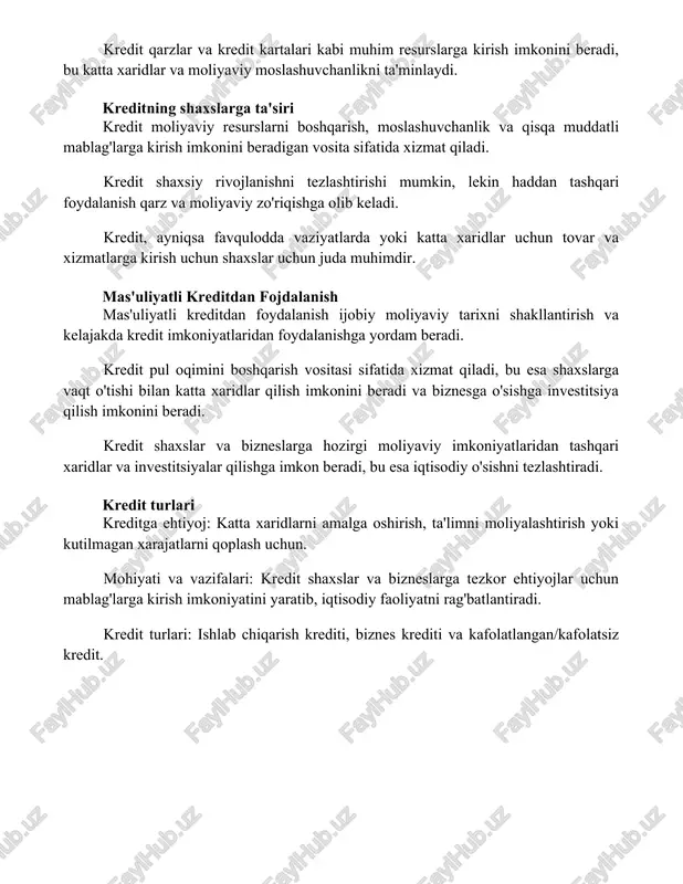 shga yordam beradi. kredit pul oqimini boshqarish vositasi sifatida xizmat qiladi, bu esa shaxslarga vaqt o'tishi bilan katta xaridlar qilish imkonini beradi va biznesga o'sishga investitsiya qilish imkonini beradi. kredit shaxslar va bizneslarga hozirgi moliyaviy imkoniyatlaridan tashqari xaridlar va investitsiyalar qilishga imkon beradi, bu esa iqtisodiy o'sishni tezlashtiradi. kredit turlari kreditga ehtiyoj: katta xaridlarni amalga oshirish, ta'limni moliyalashtirish yoki kutilmagan xarajatlarni qoplash uchun. mohiyati va vazifalari: kredit shaxslar va bizneslarga tezkor ehtiyojlar uchun mablag'larga kirish imkoniyatini yaratib, iqtisodiy faoliyatni rag'batlantiradi. kredit turlari: ishlab chiqarish krediti, biznes krediti va kafolatlangan/kafolatsiz kredit. xulosa xulosa qilib aytganda, kredit zamonaviy iqtisodiyotda iste'mol, investitsiyalar va iqtisodiy o'sishni ta'minlash orqali muhim rol o'ynaydi. u resurslar va imkoniyatlarga kirishni osonlashtiradi, innovatsiyalarni va farovonlikni rivojlantiradi. biroq, moliyaviy barqarorlikni ta'minlash va potentsial xatarlarni kamaytirish uchun kreditni mas'uliyatli boshqarish juda muhim. foydalanilgan adabiyotlar ## "kreditning zaruriyati, mohiyati va funktsiyalari" haqida ma'lumotlar 1