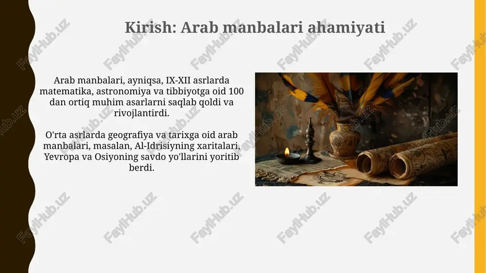 arab olamida rivojlangan, jabir ibn hayyon esa "elementlar"ning sifatlarini o'rganib, ularni 4 taga: issiqlik, sovuqlik, quruqlik va namlikka bo'lgan. optika va fizika ibn al-haythamning “kitob al-manazir” asari, optika va fizika sohasidagi yetti tomlik ish boʻlib, 1011-1021 yillar orasida yozilgan va yorugʻlikning tarqalishiga oid tajribalarni oʻz ichiga oladi. ushbu kitobda koʻrishning matematik va eksperimental dalillari bilan tushuntirilgan, bunda yorugʻlikning toʻgʻri chiziqda harakatlanishi va ob’ektlardan koʻzlarga aks etishi asosiy omil sifatida koʻrsatilgan. texnologiya va muhandislik o'rta asrlarda arab muhandislari irrigatsiya tizimlarini, jumladan, suv g'ildiraklari (noria) va kanallarni takomillashtirish orqali qishloq xo'jaligini rivojlantirishga hissa qo'shdilar, hosildorlikni oshirdilar. arab olimlari astronomik asboblar, masalan, astrolyabiya va kvadrantlar yasashda mohir edilar, bu esa dengiz navigatsiyasi va vaqtni aniq o'lchash imkonini berdi, ilmiy bilimlarni ilgari surdi. arab manbalarining yevropaga ta'siri arab olimlarining matematikaga qo‘shgan hissasi, jumladan, nol (0) tushunchasi va arab raqamlari yevropada ilmiy bilimlarning rivojlanishiga sezilarli ta’sir ko‘rsatdi. tibbiyot sohasida ibn sino (avitsenna)ning «tib qonunlari» asari …