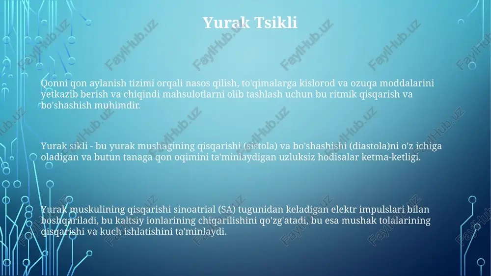 antiradigan to'rt xonali organdir. yurak muskullaridagi oqsillar o'rtasidagi o'zaro ta'sirni o'z ichiga oladigan elektr signallari tomonidan boshqariladi. yurak muskul hujayralari, kardiomiotsitlar deb ataladi, qonni pompalash uchun qisqaradi. yurak qisqarishini tartibga solish avtonom nerv sistemasi: simpatık stimulyatsiya qisqarishni oshiradi, parasimpatik esa kamaytiradi. hujayra ichidagi kaltsiy: kaltsiy oqimi mushak qisqarishini boshlaydi, kaltsiyning ortishi esa kuchliroq qisqarishga olib keladi. frank-starling qonuni yurak mushaklarining qisqarishi yurakning o'ziga xos tezlatgichidan keladigan elektr signallari tomonidan qo'zg'atiladi, bu yurakni qisqartirishga va qonni nasoslashga olib keladi. frank-starling qonuni yurak mushaklari tolalarining ko'proq cho'zilishi bilan ko'proq qon quyishini aytadi. yurak mushagi qisqarishining kuchliligi preload, afterload va kontraktsiyalanish kabi omillarga bog'liq. avtonom nerv sistemasi ta'siri adrenalin va noradrenalin kabi gormonlar ham yurak muskulining qisqarishiga ta'sir qiladi. avtonom nerv tizimi (ans) yurak urish tezligi va qisqarish kuchini boshqaradi. simpatık nervlar yurak urish tezligini va qisqarish kuchini oshiradi, parasimpatık nervlar esa ularni pasaytiradi. yurak chiqishi yurak chiqishi yurak urish tezligi va zarba …