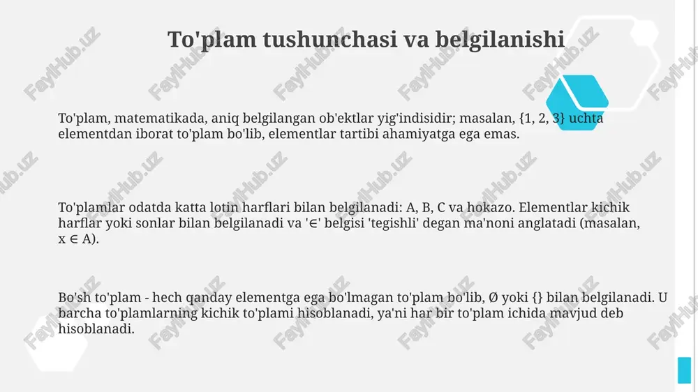 b ham bo'sh to'plam bo'ladi. bu muhim, chunki nol element ko'paytma natijasini nolga aylantiradi. venn diagrammalari venn diagrammalari kesishmalarni ko'rsatish uchun bir-birini qoplaydigan shakllardan foydalanadi, bu to'plamlarda umumiy bo'lgan elementlarni vizual ravishda ta'kidlaydi, masalan, a va b to'plamlarida 5 umumiy element bo'lishi mumkin. venn diagrammalarida qamrab olingan har bir shakl, odatda, doira yoki ellips, to'plamni ifodalaydi; masalan, 3 ta doira 3 ta to'plamni ko'rsatishi mumkin. 2 yoki undan ortiq to'plamlar o'rtasidagi munosabatlarni soddalashtirish uchun evler diagrammalarida to'plamlar to'liq kiritilishi yoki kesishmasligi mumkin, bunda 0 umumiy element bo'ladi. amaliy masalalarni yechishda to'plamlar nazariyasi to'plamlar nazariyasi optimallashtirish masalalarida, xususan, kombinatorial optimallashtirishda 0 va 1 o'zgaruvchilaridan foydalanib, eng yaxshi yechimni topishga yordam beradi. mantiqiy sxemalarni loyihalashda to'plamlarning kesishishi va birlashishi kabi amallari muhim ahamiyatga ega, bunda har bir to'plam mantiqiy elementlar guruhini ifodalaydi. ma'lumotlar bazalarida to'plamlar nazariyasi ma'lumotlarni tartiblash, filtrlash va guruhlash uchun ishlatiladi, masalan, sql so'rovlarida select, where va group by operatorlari …