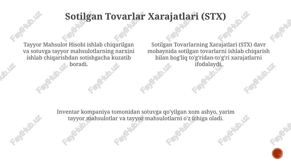 oshqarish texnikalari - abc tahlili, jit va xavfsizlik zaxirasi kabi inventar darajasini optimallashtirish usullari. tayyor mahsulotlar hisobi - sotilishga tayyor bo'lgan tugallangan mahsulotlarni hisobga olish, shu jumladan xarajatlarni taqsimlash va daromadni tan olish. inventar hisobi - inventar xarajatlarini kuzatish, inventarni baholash va inventar operatsiyalarini qayd etish. e'tiboringiz uchun rahmat @taqdimot_robot image1.png image2.png image3.png image4.png image5.png image6.png