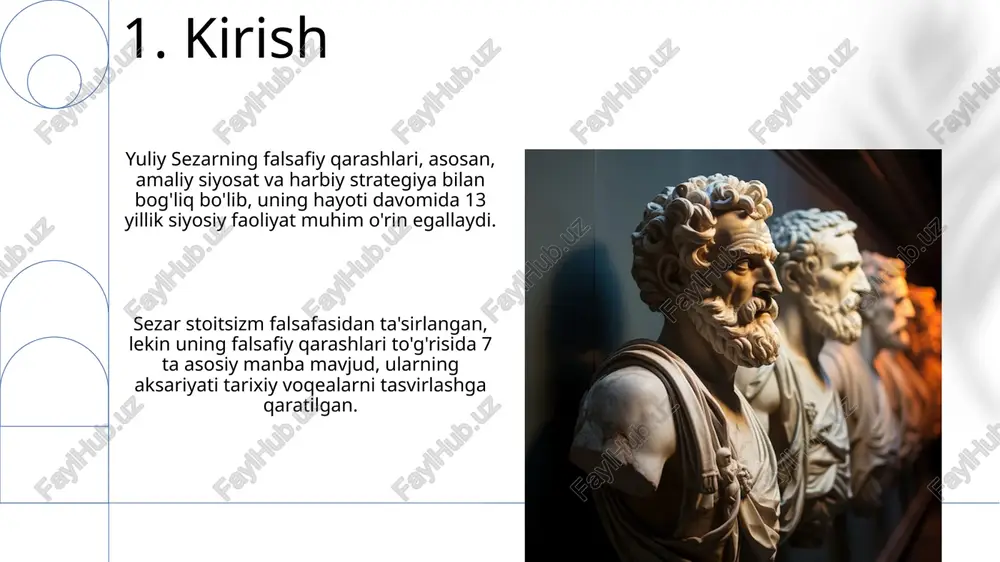 ib, oʻz pozitsiyasini mustahkamlagan. caesarning falsafiy asoslaridan biri stoitsizm taʼsirida shakllangan boʻlib, unga koʻra fazilat, burchga sodiqlik va oqilona qarorlar qabul qilish muhim ahamiyatga ega boʻlgan. 11.shaxsiy fazilatlar va axloqiy dilemmalar caesarning *clementia* siyosati, g'olib sifatida mag'lubiyatga uchragan dushmanlarga rahm-shafqat ko'rsatish orqali siyosiy barqarorlikni ta'minlashga qaratilgan, ammo bu uning zaifligi sifatida ham talqin qilingan. caesarning *fortitudo* (jasorat) fazilati, galliya urushlarida namoyon bo'lgan harbiy qobiliyatlari va siyosiy xavf-xatarlarga qarshi kurashda yaqqol ko'zga tashlangan, lekin ba'zida haddan tashqari ambitsiyaga aylangan. 12.abadiy shon-shuhratga intilish caesar abadiy shon-shuhratga intilishni harbiy g'alabalar va siyosiy yutuqlar orqali namoyon etdi, bu uning xotirasini 2000 yildan ortiq vaqt davomida saqlanib qolishiga olib keldi. u siyosiy hokimiyatni qo'lga kiritish va uni saqlab qolish uchun qat'iyat bilan harakat qildi, bu uning ambitsiyalari rim tarixiga 100 dan ortiq yil davomida chuqur ta'sir ko'rsatdi. 13.caesarning merosi: falsafiy tahlil caesarning "gallic urushi" asari stoik falsafaning ta'sirini aks ettiradi, bunda qat'iyatlilik va vaziyatga moslashuvchanlik …