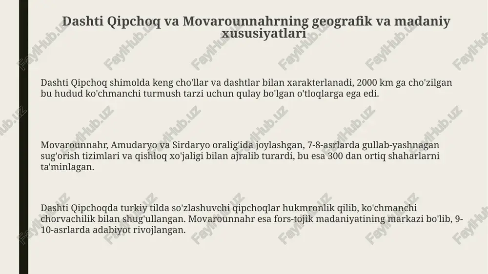 ni markazlashtirdi va 1380-yilga kelib mintaqani toʻliq nazoratga oldi. to'xtamishxonning dashti qipchoqda hokimiyat tepasiga kelishi va temur bilan to'qnashuvi to'xtamishxon 1380-yilda oltin o'rdaning taxtiga o'tirgach, moskva knyazligiga qarshi muvaffaqiyatli yurish qilib, oltin o'rdaning siyosiy nufuzini oshirishga harakat qildi. to'xtamishxonning hokimiyat tepasiga kelishi, amir temur tomonidan qo'llab-quvvatlandi, chunki temur oltin o'rdani zaiflashtirish va unga ta'sir o'tkazishni maqsad qilgan edi. 1387-1395-yillarda to'xtamishxon va amir temur o'rtasida bir qator shiddatli urushlar bo'lib o'tdi. bu urushlar dashti qipchoq va movarounnahrning siyosiy vaziyatiga katta ta'sir ko'rsatdi. temurning dashti qipchoqqa yurishlari va oltin o'rdaning zaiflashuvi to'xtamishxonning temurga qarshi chiqishi natijasida, 1395-yilda bo'lib o'tgan tereklik jangida oltin o'rda mag'lubiyatga uchradi, bu esa uning hududiy yaxlitligiga putur yetkazdi. temurning 1390-yillardagi dashti qipchoqqa qilgan yurishlari, oltin o'rda poytaxti saroy-berkeni vayron qilib, uning siyosiy va iqtisodiy markazini yo'q qildi. temur yurishlari oltin o'rdaning zaiflashuviga olib kelib, 15-asrda bir nechta xonliklarga bo'linishiga sabab bo'ldi, bu jarayon 1502-yilda yakunlandi. temuriylar davrida movarounnahrdagi …