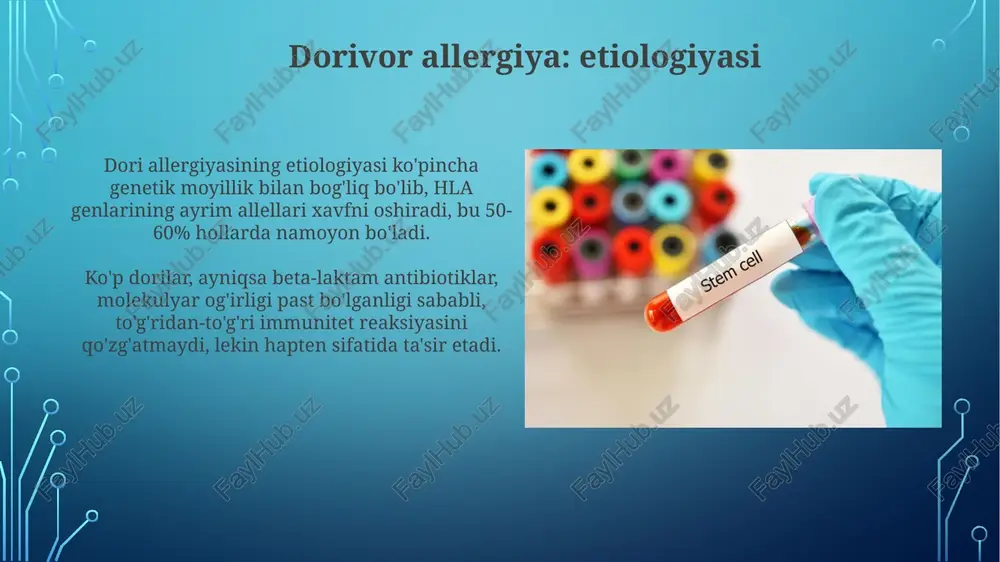 antigistaminlar (masalan, difenhidramin 25-50mg) engil allergik reaksiyalarni kamaytiradi. kortikosteroidlar (prednizolon 20-40mg) o'rta va og'ir reaktsiyalarni davolashda yordam beradi. dorivor allergiyani davolash: simptomatik terapiya simptomatik davolashga antihistaminlar (masalan, difenhidramin 25-50 mg har 6-8 soatda) qichishish va qizargan toshmalarni bartaraf etish uchun kiradi. og'ir allergik reaksiyalarda (masalan, anafilaksiya) adrenalin 0,3-0,5 mg mushak ichiga in'ektsiya qilinadi, bunda qon bosimini oshirish va nafas olishni tiklash muhim. dorivor allergiyani davolash: desensitizatsiya desensitizatsiya allergik reaksiyani asta-sekin kamaytirish uchun dori vositasining juda kichik dozalarini kiritishni o'z ichiga oladi, odatda 4-8 soat davomida amalga oshiriladi. desensitizatsiya faqat vaqtinchalik immunitet hosil qiladi; davolanish to'xtatilsa, allergik reaksiya 24-72 soat ichida qaytishi mumkin, shuning uchun davolanish uzluksiz bo'lishi kerak. dorivor allergiyaning oldini olish dori allergiyasining oldini olish uchun, bemorning dori-darmonlarga allergik reaksiyalari tarixini diqqat bilan yig'ish va qayd etish zarur, ayniqsa beta-laktam antibiotiklari kabi xavfli guruhlarga. yangi dori buyurishdan oldin, bemorda oldingi dorilarga nojo'ya ta'sirlar yoki allergik reaksiyalar bo'lganmi yoki yo'qmi, …