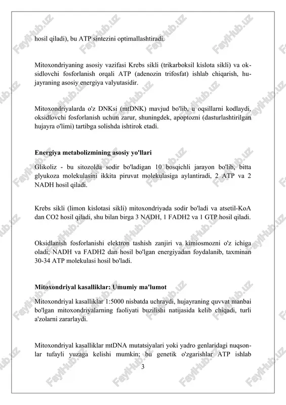 ing qisqarishi), epilepsiya, ataksiya (muvozanat buzilishi) va mushak biopsiyasida “qoʻpol qizil tolalar” deb ataladigan anormalliklar bilan ajralib turadi. mitoxondriyal kasalliklarning belgilari va simptomlari ko'pincha bolalarda mushak zaifligi kuzatiladi, bu esa harakatlanish qobiliyatining pasayishiga va jismoniy faollikni cheklashga olib keladi, bu 60% hollarda namoyon bo'ladi. ba'zi bemorlarda ko'rish qobiliyati bilan bog'liq muammolar yuzaga kelishi mumkin, masalan, optik atrofiyasi, bu 30% hollarda ko'rinadi va asta-sekin ko'rlikka olib kelishi mumkin. kardiomiopatiya, yurak mushaklarining kasalligi, 20% hollarda uchraydi va yurak etishmovchiligiga sabab bo'lishi mumkin, bu esa hayot sifatini sezilarli darajada yomonlashtiradi. mitoxondriyal kasalliklarni tashxislash usullari biokimyoviy tahlillar, masalan, laktat/piruvat nisbatini o'lchash, mitoxondriyal funktsiyaning buzilishini aniqlash uchun qonda va orqa miya suyuqligida o'tkaziladi, bu esa 10 dan ortiq ferment defektini ko'rsatadi. mushak biopsiyasi nafaqat to'qimalarning morfologik o'zgarishlarini, balki cox-musbat tolalarining yo'qligi kabi maxsus bo'yoqlarni, shuningdek, 7s dnk miqdorini aniqlashga imkon beradi. genetik testlar, jumladan, mitoxondriyal dnk (mtdnk) mutatsiyalarini aniqlash uchun ketma-ketlikni aniqlash usuli, mitoxondriyal kasalliklarning …