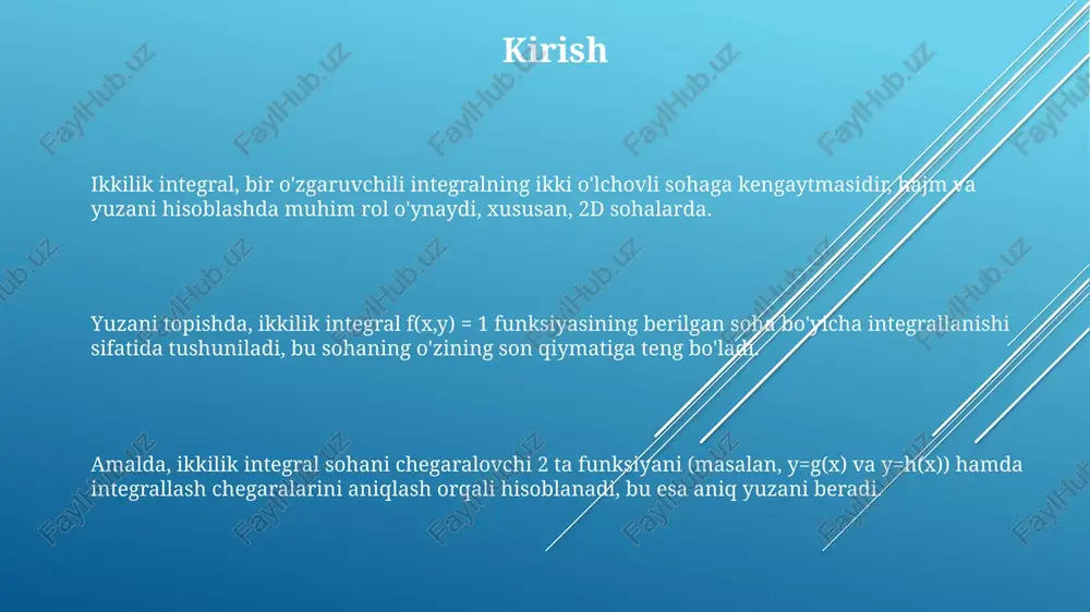 da, ikkilik integralni iterativ integrallash usuli bilan yechamiz: birinchi ichki integral y bo'yicha, so'ngra tashqi integral x bo'yicha olinadi. javob har doim kvadrat birliklarda bo'ladi. agar r mintaqa qutb koordinatalarida aniqlangan bo'lsa, yuzani topish uchun ikkilik integral ∫∫_r r dr dθ dan foydalanamiz. bu yerda r radius va θ burchak bo'lib, determinant jacobian r ga teng. yuzalarni hisoblashga misollar (dekart koordinatalari) masalan, y = x^2 va y = 4 egri chiziqlar bilan chegaralangan sohaning yuzasini topish uchun, integrallash chegaralari x = -2 dan x = 2 gacha va y = x^2 dan y = 4 gacha bo'ladi. dekart koordinatalarida yuzani hisoblashda, ikki karrali integraldan foydalaniladi, bunda f(x, y) = 1 bo'ladi va integral hisoblash sohasi d bilan chegaralangan. yuzani hisoblashda, integrallash tartibi muhim. ba'zan dy dx bo'yicha integrallash qulayroq, ba'zan esa dx dy bo'yicha, integralni soddalashtirish uchun hisoblash sohasini to'g'ri belgilash zarur. yuzalarni hisoblashga misollar (qutb koordinatalari) qutb koordinatalarida yuzani …