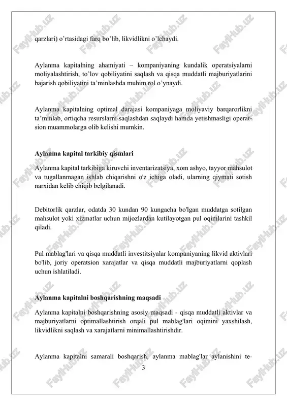nvestitsiyalar, naqd pul operatsiyalari va overdraftdan foydalanish orqali maqsadga erishadi. debitorlik qarzlarni boshqarish debitorlik qarzlarni boshqarishning muhim jihati - bu 30-60-90 kunlik to'lov muddatlari uchun qarzlar monitoringi, kechikishlarni aniqlash va tezkor choralar ko'rish. debitorlik qarzlarni samarali boshqarish uchun kredit siyosatini ishlab chiqish zarur, unda kredit limitlari, to'lov shartlari va chegirmalar belgilanishi kerak, masalan, 2/10, net 30. qarz undirish jarayonini optimallashtirish, 5% dan kam bo'lgan muddati o'tgan qarzlar nisbatiga erishish va 15 kundan kam bo'lgan debitorlik qarzlarining aylanuvchanligini ta'minlash muhimdir. inventarizatsiya boshqaruvi inventarizatsiya boshqaruvi 80/20 qoidasidan foydalanadi, bu erda mahsulotlarning 20 foizi daromadning 80 foizini tashkil etadi, shuning uchun ularga ustuvor ahamiyat beriladi. eoq modeli inventarizatsiya buyurtmasining optimal miqdorini aniqlaydi, saqlash xarajatlari va buyurtma berish xarajatlarini muvozanatlash, masalan, har yili 1000 dona buyurtma berish kerak. just-in-time (jit) inventarizatsiyasi xarajatlarni kamaytirish va samaradorlikni oshirish uchun materiallar ishlab chiqarishga kerak bo'lganida yetkazib berilishini ta'minlaydi, misol uchun, har 24 soatda yetkazib berish tashkil etish. …