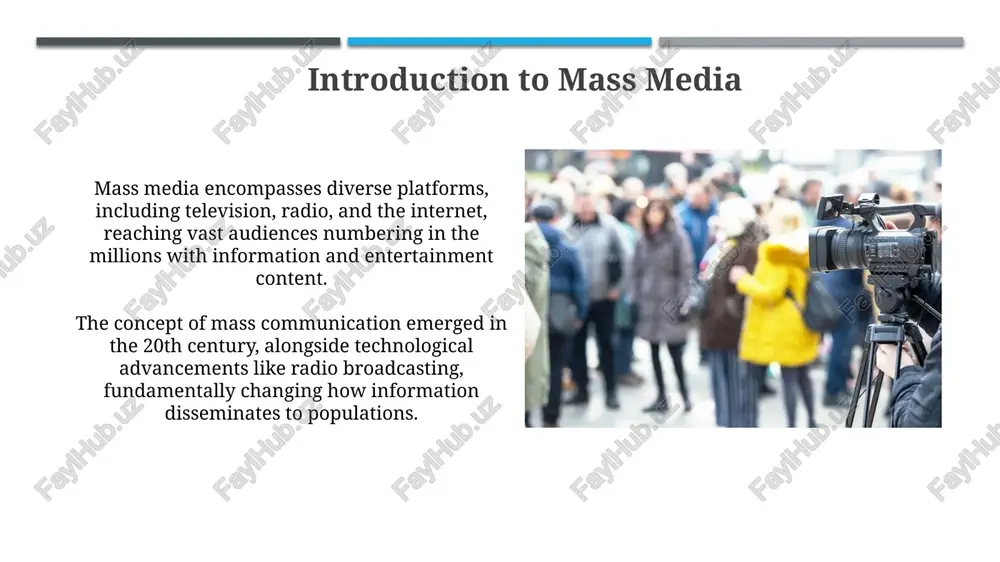 ne major challenge is the echo chamber effect, where algorithms amplify similar viewpoints, leading to political polarization and decreased exposure to diverse perspectives, affecting informed decision-making. economic pressures often lead to sensationalism or 'clickbait,' prioritizing viewership and ad revenue over journalistic integrity, resulting in decreased accuracy and skewed representation of complex issues. the future of mass media ai-driven personalization will dominate, with algorithms curating news and entertainment for individual users based on 90% accuracy rates by 2030, creating filter bubbles and echo chambers. the metaverse will become a significant platform for mass media distribution, hosting immersive experiences like virtual concerts and news simulations, reaching a projected 3.5 billion users by 2027. conclusion: mass media in the 21st century the 21st century sees mass media fragmented, with personalized algorithms governing content access for over 4.9 billion active social media users, creating echo chambers. convergence defines the 21st-century media landscape, merging traditional …