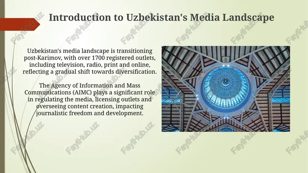 radio company of uzbekistan (ntrc) and affiliated organizations. private media outlets exist, but their operational independence is often limited by regulations, licensing procedures, and potential government influence impacting editorial content and financial viability. challenges and opportunities facing uzbek media navigating self-censorship remains a key challenge; many uzbek journalists practice it to avoid potential repercussions, hindering critical reporting on sensitive socio-political issues. economic sustainability is a major hurdle, as advertising revenue is limited and state subsidies influence content; this limits independent media growth and diversification in formats. freedom of the press and censorship issues uzbekistan's constitution technically prohibits censorship; however, the government maintains significant control, limiting critical reporting on sensitive topics like corruption or human rights issues, impacting journalistic freedom. in 2023, uzbekistan's ranking in the world press freedom index was 148 out of 180, indicating a restrictive environment for journalists who face surveillance and potential legal repercussions for critical coverage. …