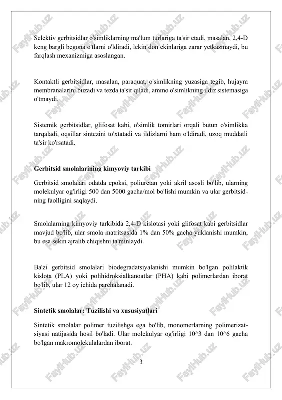 mentlar soni va joylashuvidir. polimerizatsiya jarayonlari va ularning gerbitsid smolalariga ta'siri radikal polimerlanish jarayonlari, masalan, vinil birikmalarining polimerlanishi, gerbitsid smolalarining molekulyar og'irligini va tarqalishini 10^3 dan 10^6 gacha ta'sir qiladi. kondensatsiya polimerlanishi, masalan, epoksi smolalarini sintez qilish, molekulalararo bog'lanishni oshirib, issiqlikka chidamlilikni 150-250 °c gacha yaxshilaydi va qattiqlikni oshiradi. ion polimerlanishi, ayniqsa kation polimerlanishi, maxsus gerbitsid smolalarini yaratishda qo'llaniladi. bu jarayon molekulyar og'irlikni 10^4 gacha nazorat qilish va funktsionallikni kiritish imkonini beradi. gerbitsid smolalarining fizik-kimyoviy xususiyatlari gerbitsid smolalarining molekulyar og'irligi odatda 500 dan 10,000 gacha/mol bo'lib, bu ularning qattiqlik va eruvchanlik kabi fizik xususiyatlariga ta'sir qiladi. sintetik gerbitsid smolalarining dielektrik o'tkazuvchanligi 2 dan 5 gacha bo'lishi mumkin, bu ularning qutblanishi va boshqa materiallar bilan o'zaro ta'sirini belgilaydi. ko'pgina gerbitsid smolalari 20°c dan 80°c gacha bo'lgan shisha o'tish haroratiga (tg) ega, bu ularning qattiqdan kauchuk holatga o'tishini ko'rsatadi. gerbitsid smolalarining barqarorligi va degradatsiyasi gerbitsid smolalarining barqarorligi haroratga bog'liq, yuqori harorat (50°c …