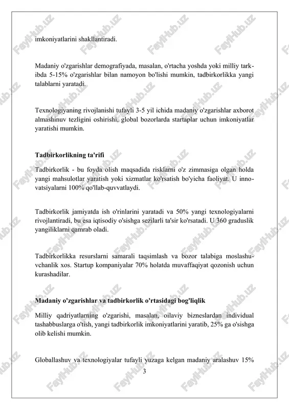 aviy biznes tuzilmalarini qayta shakllantirib, ayollarning tadbirkorlikdagi rolini oshirdi. globalizatsiya va internetning kirib kelishi o'zbekistonliklarning iste'mol madaniyatini o'zgartirdi, 2000-yillarda yangi bozor talablarini yaratib, innovatsion biznes g'oyalariga yo'l ochdi. sovet davridagi kollektivizmning qoldiq ta'siri asta-sekin yo'qolib bormoqda. 2010-yillardan boshlab individualizmning ortishi tadbirkorlikka yangi, raqobatbardosh yondashuvlarni shakllantirdi. demografik o'zgarishlar aholining qarishi innovatsion faoliyatga ta'sir qiladi, chunki 65+ yoshdagilar yangi biznes g'oyalarini yaratish ehtimoli 25-34 yoshdagilarga nisbatan kamroqdir. migratsiya oqimlari demografiyani o'zgartiradi, immigratsiya yuqori bo'lgan hududlarda etnik bizneslar soni 30% ga ko'payishi kuzatilishi mumkin. urbanizatsiya darajasining ortishi (masalan, 70% dan 85% gacha) qishloq joylarda tadbirkorlik faolligini 15% ga kamaytirishi mumkin. iste'molchilar xatti-harakatining evolyutsiyasi raqamli texnologiyalar ta'siri ostida xaridorlar onlayn xaridlarga ko'proq ishonishadi, 75% mahsulotni internetda qidiradi, 50% esa xaridni yakunlaydi. iste'molchilar tajribaga ko'proq e'tibor qaratmoqdalar, mahsulot sifatidan tashqari, xizmat ko'rsatish va sotishdan keyingi xizmatning ahamiyati 60% ga oshgan. barqarorlik va ijtimoiy javobgarlik iste'molchilar uchun muhim omilga aylandi; 80% ekologik toza mahsulotlarni afzal ko'radi …