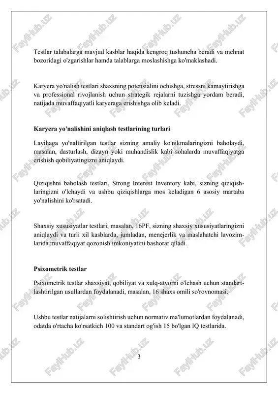 to'rtta asosiy xulq-atvor tendentsiyasiga (dominant, influential, steady, conscientious) bo'yicha tasniflab, muloqot va hamkorlikni yaxshilashga yordam beradi. karyera yo'nalishini aniqlash testlari qanday ishlaydi? karyera yo'nalishini aniqlash testlari sizning shaxsiyatingiz, qiziqishlaringiz va qobiliyatlaringizga mos keladigan savollardan iborat 100 dan ortiq elementlarni o'z ichiga oladi. algoritmlar sizning javoblaringizni tahlil qilib, ma'lumotlar bazasidagi turli kasblar bilan mosligingizni aniqlaydi, bu esa 5 dan ortiq potensial yo'nalishni ko'rsatadi. testlar ko'pincha psixometrik usullardan foydalanadi, masalan, likert shkalasi, bu sizning munosabatingizni 1 dan 7 gacha bo'lgan oraliqda baholash imkonini beradi. test natijalarini talqin qilish test natijalari shaxsning qiziqishlari, qobiliyatlari va shaxsiy xususiyatlari boʻyicha 90% aniqlikdagi koʻrsatkichlarni berib, eng mos keladigan kasblarni aniqlaydi. natijalarni tahlil qilishda, 7 ta asosiy yoʻnalishdagi ballarni (masalan, matematik qobiliyat – 85 ball) oʻrganib, kasbiy moslashuvchanlik darajasini baholash muhimdir. test natijalari 65% dan yuqori boʻlgan muvaffaqiyatli kasbiy yoʻnalishlarni koʻrsatadi, lekin shaxsiy motivatsiya va qoʻshimcha koʻnikmalar ham muhim rol oʻynaydi. karyera yo'nalishini aniqlash testlarining afzalliklari kasbiy …