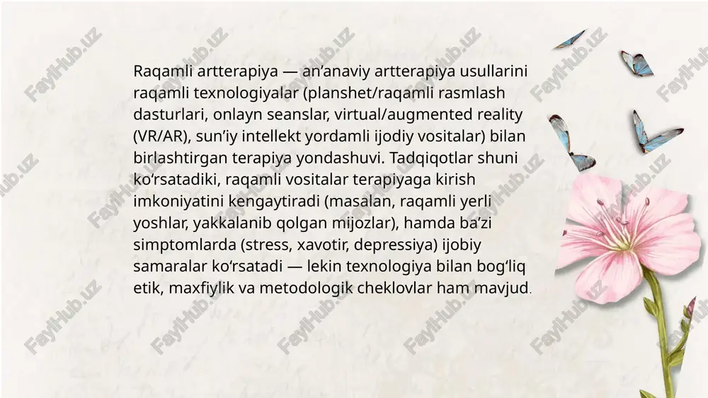 ‘naltiradi. vrda telemetriya/harakatlar yozib olinishi mumkin — bularni oldindan mijoz roziligi bilan olishingiz zarur. 4. refleksiya va integratsiya (10–15 daqiqa): yaratilgan ishni tahlil qilish — mijozning his-tuyg‘ulari, metafora, maqsadlar bilan bog‘lash. raqamli fayllarning qayerda saqlanishi va terapevtik inkubatsiya (masalan, asar bilan nima qilish: saqlash, print, o‘chirib tashlash) haqida kelishiladi. 5. yakun va baholash (5 daqiqa): qisqa o‘lchov (vas — og‘riq, stress yoki kayfiyat 0–10), keyingi uchrashuv rejasi, texnik yoki xavfsizlik masalalari. guruh seansi uchun moslashuv guruh seanslar: qisqaroq warm-up, hammaga umumiy vazifa, so‘ng individuallashtirilgan tahlil. onlayn platformalarda breakout-room funksiyasi foydali. tavsiya: guruh 6–8 kishidan ortmasin. baholash (evaluation) va o‘lchov vositalari klinik o‘lchovlar: phq-9 (depressiya), gad-7 (xavotir), dass-21 (stress/depressiya/xavotir) — seanslar avvalida, o‘rtasida va oxirida olingan natijalarni solishtirish. subyektiv baholar: visual analog scale (vas) kayfiyat, xavfsizlik, o‘zini ifoda etish o‘lchovlari. etika, maxfiylik va texnik xavfsizlik ma’lumotlarni saqlash: mijoz fayllari shifrlangan bulut yoki mahalliy serverda saqlanishi, kirish huquqlari cheklanishi kerak. ai-platformalarga tasvir …