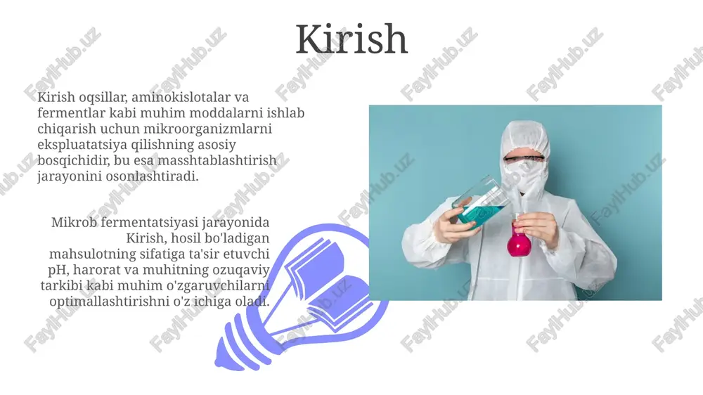 orqali glyukoza yoki saxarozani konvertatsiya qilishni o'z ichiga oladi. sirka kislotasini (odatda sirka deb ataladi) ishlab chiqarishda acetobacter jinsi bakteriyalari etil spirtini oksidlash orqali ishlaydi, bu jarayon optimal haroratda (25-30°c) amalga oshiriladi. polisaxaridlar ishlab chiqarish mikroorganizmlar, masalan, xanthomonas campestris, sanoatda ksantan g'umini ishlab chiqarish uchun ishlatiladi. bu polisaxarid oziq-ovqat mahsulotlarida, neft sanoatida qalinlashtiruvchi va stabilizator sifatida qo'llaniladi. dekstranni ishlab chiqarish uchun leuconostoc mesenteroides bakteriyasi saxarozani fermentlab, glyukoza molekulalaridan tashkil topgan alfa-1,6-bog'langan polisaxaridni hosil qiladi, keyinchalik farmatsevtika va oziq-ovqatda foydalaniladi. mikroorganizmlardan olinadigan oqsillar mikroorganizmlardan olinadigan oqsillar (masalan, scp) yuqori ozuqaviy qiymatga ega bo'lib, ularda 60-80% gacha protein, shuningdek, muhim aminokislotalar mavjud. bakteriyalar, zamburug'lar va suv o'tlari kabi mikroorganizmlar oqsil ishlab chiqarish uchun ishlatiladi, ularning o'sish tezligi yuqori bo'lganligi sababli, katta miqdorda oqsil olish imkonini beradi. biologik faol moddalar 01 02 biologik faol moddalar, masalan, ba'zi mikroorganizmlar tomonidan ishlab chiqarilgan 10 dan ortiq vitaminlar (b12, riboflavin), farmatsevtika sanoatida keng qo'llaniladi. sales 1st …
