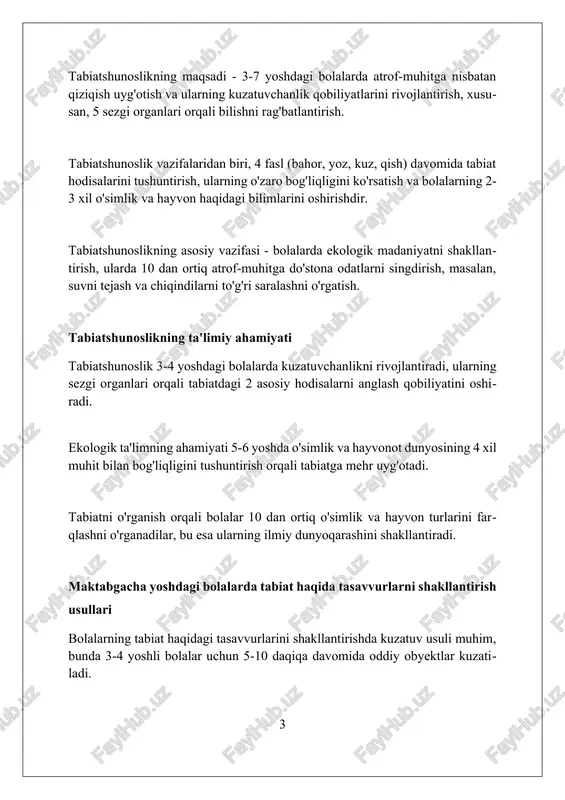 rug‘lik va namlikka talablari mos bo‘lishi kerak. ekologik ta’lim uchun “tabiat burchagi”da mavsumiy materiallar: kuz barglari, qish uchun qushlar uchun yem, bahorda gullaydigan o‘simliklar va yozda mevalar bo‘lishi zarur. burchakda 1-2 dona hayvon saqlanishi mumkin: baliqlar akvariumi (5-7 baliq) yoki kichik kemiruvchilar (1-2 dona), ularning yashash sharoitlari va parvarishi bolalar uchun qulay bo‘lishi kerak. kuzatuvlar: tashkil etish va o'tkazish metodikasi kuzatuvlar davomiyligi 3-5 yoshli bolalar uchun 10-15 daqiqa, 6-7 yoshlilar uchun 20-25 daqiqadan oshmasligi kerak, diqqatni saqlash uchun. kuzatuvlar rejalashtirilganda ob'ektning 2-3 ta asosiy xususiyatiga e'tibor qaratiladi, masalan, shakli, rangi, harakati, bolalar anglash qobiliyatidan kelib chiqib. kuzatuv jarayonida 3 bosqich ajratiladi: tayyorgarlik (maqsad qo'yish), asosiy (bevosita kuzatuv) va yakuniy (xulosalar chiqarish, bilimlarni mustahkamlash). tajribalar va eksperimentlar: bolalar faoliyatini tashkil etish tajribalar bolalarga 3 yoshdan boshlab oddiy sabab-oqibat bog'liqliklarini aniqlashga yordam beradi, masalan, suvning muzlash harorati 0 daraja selsiy ekanligi haqida. eksperimentlar bolalarda 4-5 yoshdan boshlab gipotezalarni ilgari surish va sinovdan …