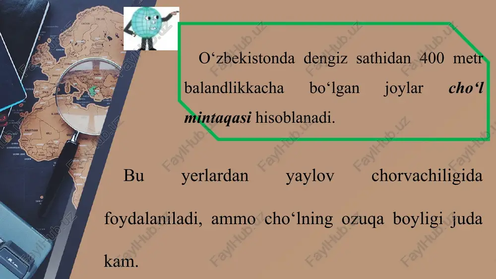 ligi, sanoati va aholisini suv bilan ta’minlashda tog‘lardagi qorlar asosiy suv manbayi xizmatini o‘taydi. o‘lkamizdagi daryolarning deyarli hammasi tog‘lardan boshlanadi. this presentation uses a free template provided by fppt.com www.free-power-point-templates.com daryolardagi yillik suvning 70-95 foizi 3-4 oy davomida bahor oylariga va yoz boshiga to‘g‘ri keladi. daryo suvlari barpo etilgan suv omborlariga yig‘ilib, yil davomida tejab sarflanadi. oqar suvlarni ifloslantirmaslik uchun sanoatda hamda maishiy-kommunal xo‘jalikda foydalaniladigan suvlar tozalab chiqariladi. o‘zbekistonda suv tabiiy boylikkina emas, balki milliy qadriyat ham hisoblanadi. this presentation uses a free template provided by fppt.com www.free-power-point-templates.com daryolarimiz sug‘orishdan tashqari, elektr energiya manbayi sifatida ham katta ahamiyat kasb etadi. endilikda daryolarga qurilgan geslardan yiliga o‘rtacha 5 mlrd kwh elektr energiya olinmoqda. o‘zbekiston sharoitida sun’iy suv ombori barpo etish maqsadida daryoni to‘g‘on bilan to‘sish tufayli bir yo‘la ges qurish imkonidan foydalanilmoqda. this presentation uses a free template provided by fppt.com www.free-power-point-templates.com yer boyliklari. o‘zbekistonning umumiy yer maydoni 44,4 mln gektarni …