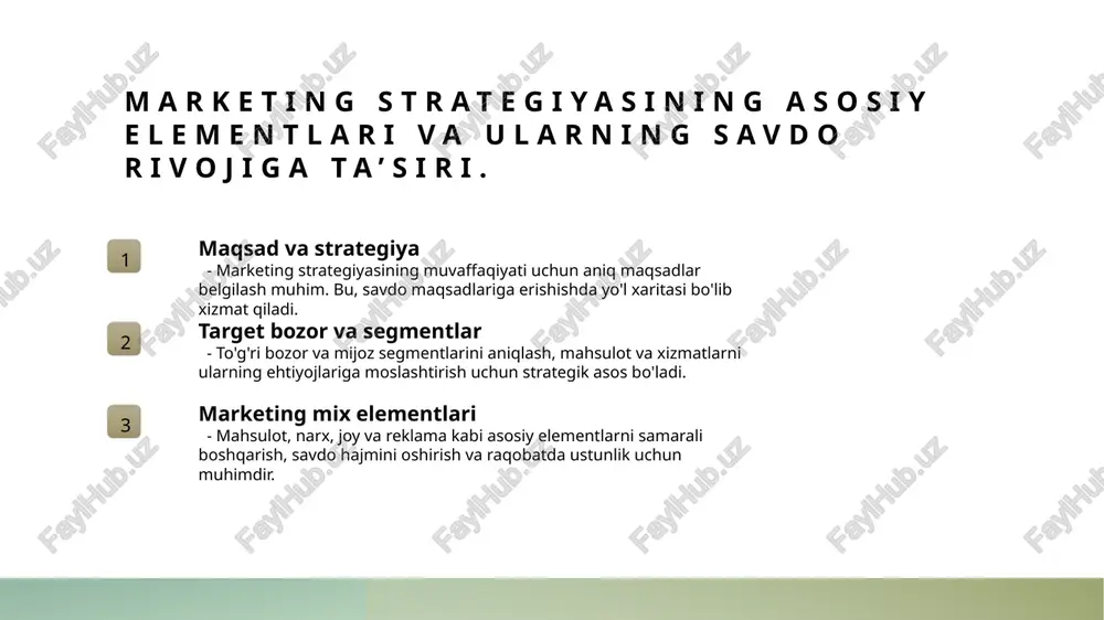 , marketing kommunikatsiyasini shaxsiylashtirish va mijozlar bilan mustahkam aloqalar o'rnatish muhim. marketing elementlarining samaradorligini o’lchash va strategiyani takomillashtirish. vazifalarni o’lchash marketing elementlarining samaradorligini baholash uchun kpilar, analitik vositalar va mijoz fikrlarini muntazam ravishda tahlil qilish muhim. bu yordamida yutuqlar va kamchiliklar aniq ko’rinadi. ma’lumotlarni tahlil qilish to’plangan statistikalar va marketing kampaniyalari natijalarini o’rganish strategiyani takomillashtirish uchun asos bo’ladi. bu jarayon har doim yangilanish va optimallashtirish imkonini yaratadi. takomillashtirish jarayoni natijalar asosida marketing strategiyasini qayta ko’rib chiqish, yangi imkoniyatlarni aniqlash va raqobatbardosh bo’lish uchun yangilashlar kiritish zarur. o'zbekiston madaniyatining savdo strategiyalariga ta'siri 1 madaniyat va an'analar o'zbekiston madaniyati savdo strategiyalariga katta ta’sir ko'rsatadi. mahalliy urf-odatlar va qadriyatlar mahsulot va xizmatlarni tanlashda muhim omil hisoblanadi. 2 ishonch va hurmat mahsulot va brendlar uchun ishonch va hurmat muhimdir. mahalliy madaniyatga moslashgan marketing usullari iste'molchilarning ishonchini oshiradi. 3 kommunikatsiya usullari madaniy xususiyatlarga moslashtirilgan kommunikatsiya usullari, jumladan, tillar va madaniy ramzlar, marketing samaradorligini oshiradi. 4 …