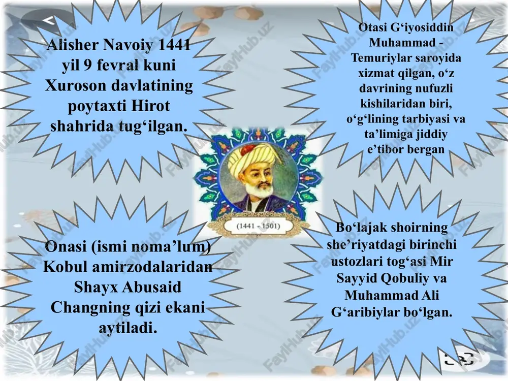 sabr-qanoatli, adolatli, muruvvatli, sog‘lom, jismonan baquvvat, mard va jasur. 3.alisher navoiy asarlarida komil inson tarbiyasi. mir alisher navoiy ijodining negizida inson, uning maʼnaviy dunyosi, chin inson qiyofasi, insonlarni vatanni sevishga, xalqning dardi bilan yashashga daʼvat etib hech qachon oʼz ahamiyatini yoʼqotmaydi. ayniqsa, bobomiz komil inson tarbiyasi xususida juda koʼplab asarlar yaratganki, bu yurak mehri, soʼzning sehridan yaralgan asarlar biz avlodlarni qayta qayta hayratlantirib keladi. alisher navoiy orzu qilgan komil inson faqat ilmli bo’lish bilan qanoatlanib qolmaydi. uni etuk inson sifatida ta’riflash uchun unda, yana shuningdek, sabr- qanoat, saxiylik, himmat, to’g’rilik, rostgo’ylik, tavoze, adab, vafo va hokazo sifatlarning ham mavjud bo’lishi taqozo etiladi. navoiy «hayratul abror» dostonida alloh madhi, paygʼambar tarifi va dunyo hamda koinot, inson va tabiat haqidagi qarashlarini bayon etar ekan, alloh tomonidan yaratilgan mavjudodlar orasida eng sharaflisi boʼlgan insonni ulugʼlaydi, uni koʼklarga koʼtaradi. shuningdek ana shu inson uchun yaratilgan butun borliqni ham ulugʼlaydi. odami ersang, demagil odami, onikim …
