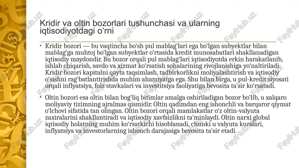 r oltin narxiga bevosita ta’sir qiladi: agar markaziy banklar foiz stavkalarini oshirsa, investorlar ko‘proq daromad olish uchun oltinni sotib, obligatsiyalarga yo‘naltiradi va natijada oltin narxi pasayadi; aksincha, foiz stavkalari pasayganda oltin narxi ko‘tariladi. shuningdek, kridir bozoridagi beqarorlik yoki moliyaviy inqirozlar davrida oltin bozori xavfsiz sarmoya maydoniga aylanadi. kridir bozorining mohiyati, ishtirokchilari va turlari kridir bozori — bu iqtisodiyotda vaqtincha bo‘sh pul mablag‘larini samarali taqsimlashni ta’minlaydigan moliyaviy tizimning muhim tarkibiy qismidir. uning mohiyati shundan iboratki, mablag‘ga ehtiyoji bor subyektlar (korxonalar, tadbirkorlar, jismoniy shaxslar va davlat) bilan ortiqcha pul mablag‘lariga ega bo‘lgan subyektlar (banklar, investorlar, aholi) o‘rtasida kredit munosabatlari shakllanadi. bu jarayon orqali kapital bir sohadagi ortiqcha jamg‘armalardan boshqa sohalardagi ishlab chiqarish va investitsiya faoliyatiga yo‘naltiriladi. shu tariqa kridir bozori iqtisodiy o‘sishning asosiy omillaridan biri hisoblanadi. kridir bozorining asosiy vazifasi — iqtisodiyotdagi mablag‘larning aylanishini ta’minlash, ishlab chiqarish jarayonini qo‘llab-quvvatlash, yangi investitsiya loyihalarini moliyalashtirish va aholining iste’mol talabini oshirishdir. kredit resurslari orqali korxonalar …
