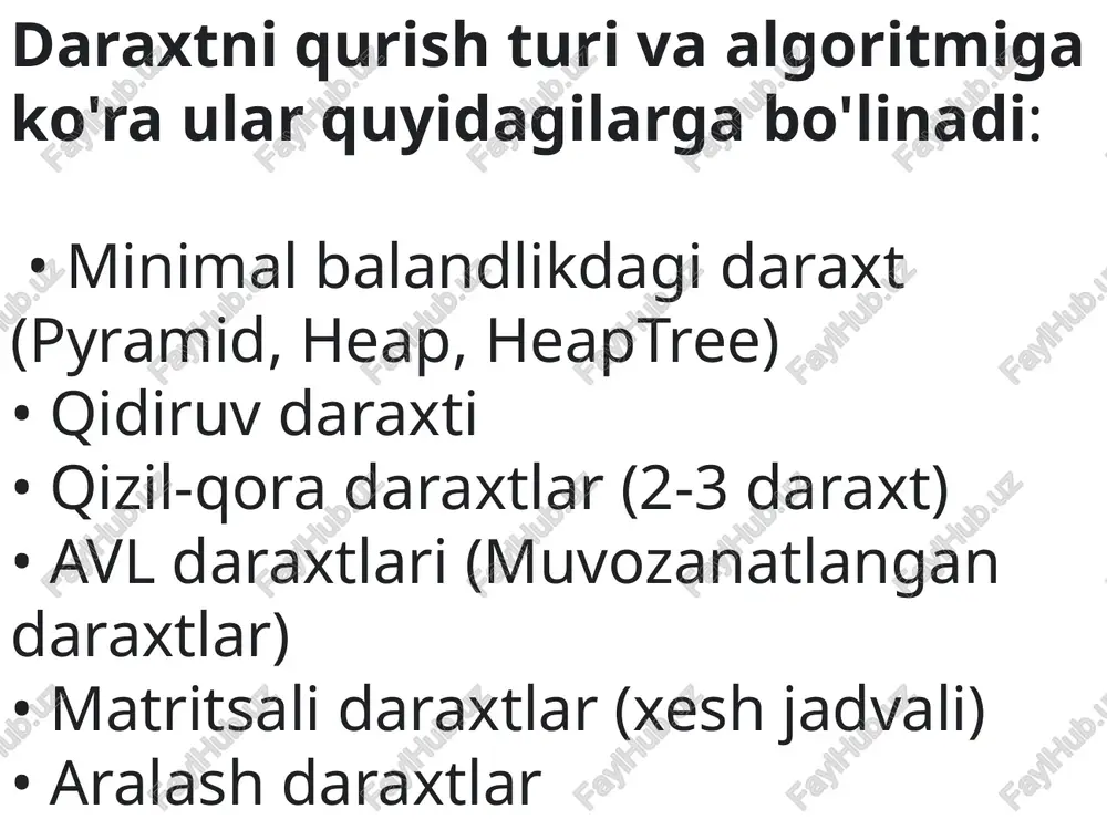 rodseduraning vazifasi shundan iboratki, u berigan kalit bo’yicha daraxt tuguni qidiruvini amalga oshiradi. qidiruv operatsiyasining davomiyligi daraxt tuzilishiga bog’liq bo’ladi. agar elementlar daraxtga kalit qiymatlari o’sish (kamayish) tartibida kelib tushgan bo’lsa, u holda daraxt bir tomonga yo’nalgan ro’yhat hosil qiladi (chiqish darajasi 1 bo’ladi, ya’ni yagona shohga ega) 23 bu holatda daraxtda qidiruv vaqti, bir tomonlama yo’naltirilgan ro’yhatdagi kabi bo’lib, o’rtacha qarab chiqishlar soni n/2 bo’ladi. agar daraxt muvozanatlangan bo’lsa, u holda qidiruv eng samarali natija beradi image1.png image2.png image3.jpeg image4.png image5.jpeg image6.png image7.png image8.png image9.png image10.png image11.png image12.png image13.png image14.png image15.png /docprops/thumbnail.jpeg
