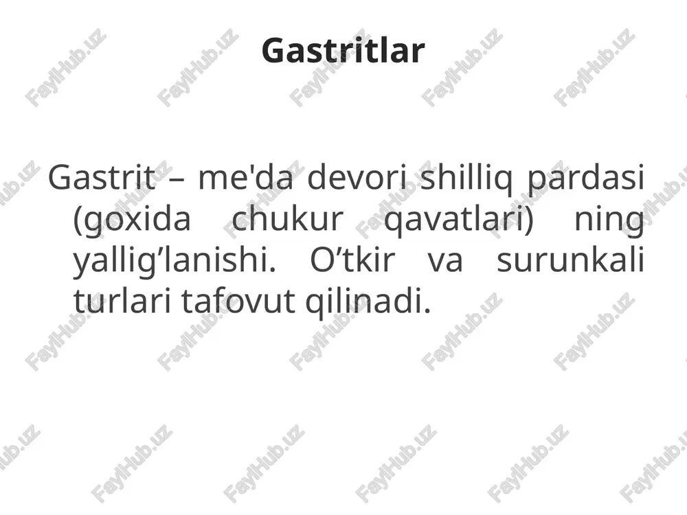 zasiya qilish- ursosan 500mg kechki ovqatdan keyin mikrotsirkulyatsiyani yaxshilash – aktovegin 5,0 ml m/o, 1-2 mahal, 10-15 kun profilaktikasi. surunkali gastritning oldini olish ovqatlanish rejimini to’g’ri qo’llashga va ovqat turlarini to’g’ri tanlashga, jamoa ovqatlanishini yaxshilashga, chekishga qarshi kurashishga asoslangan. image1.jpg image2.png image3.jpg image4.png