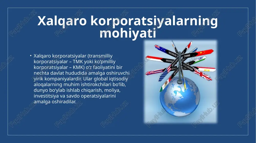 igi, fatf noqonuniy moliyalashtirishga qarshi kurash). mamlakatlarning ichki tartibga solish choralari (soliq qonunchiligi, investitsiya cheklovlari). o'zbekiston va xalqaro moliya korporatsiyasi (xmk) hamkorligi 2025-yil 12-fevralda o'zbekiston respublikasi iqtisodiyot va moliya vazirligi xmk bilan bir qator sohalarda davlat-xususiy sheriklik (dxsh) loyihalarini amalga oshirish bo'yicha muzokaralar o'tkazdi. ushbu sohalar quyidagilarni o'z ichiga oladi: energetika: hududlarda elektr energiyasini yetkazib berish tizimini takomillashtirish. sog'liqni saqlash: dxsh tamoyillari asosida zamonaviy shifoxonalar qurish. qishloq xo'jaligi: irrigatsiya loyihalarini amalga oshirish, jumladan, zamonaviy nasos stansiyalarini qurish. xmk va davaktiv agentligi o'rtasidagi hamkorlik xmk va o'zbekiston respublikasi davlat aktivlarini boshqarish agentligi o'rtasida imzolangan kelishuv ikki tomonlama hamkorlikni yangi bosqichga olib chiqdi. ushbu kelishuv doirasida davlat aktivlarini boshqarish, xususiylashtirish jarayonlarini takomillashtirish va investitsiyalarni jalb qilish masalalari bo'yicha qo'shma loyihalar amalga oshirilmoqda xalqaro iqtisodiy munosabatlar sohasida kadrlar tayyorlash o'zbekiston respublikasi jahon iqtisodiyoti va diplomatiya universiteti "xalqaro iqtisodiyot va menejment" yo'nalishi bo'yicha mutaxassislar tayyorlamoqda. ushbu yo'nalish davlat organlari, xalqaro tashkilotlar, moliya institutlari va …