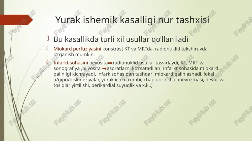 shlanishida yurak uchburchak shaklga ega, yurak-diafragma burchaklari to‘g‘rilangan. suyuqlik miqdori ko‘paygan sari yurak shakli yumaloq bo‘lib boradi, uning soyasining konturlari silliqlashadi, yoylar ko‘rinmaydi, yurakning o‘lchami uzunasiga nisbatan kattalashadi, tomirlar tutamining soyasi qisqaradi. yurakning urishi susayadi yoki ko‘rinmaydi. dinamik kuzatilganda yurak soyasining kattalashishi xarakterli. perikardda suyuqlik yig’ilishini tasvirlash uchun sonografiya va kt yaxshi. oddiy rentgenografiyada yurak soyasi o�zgarish uchun ~ 500 ml suyuqlik kerak. sonografiyada qo�shimcha suyuqlik aspiratsiyasini (perikardiotsentez) nazorat kilish mumkin. mrt qimmatligi tufayli perikardial suyuqlik diagnostikasida kam qo�llaniladi. foydalanilgan manbalar: “tibbiy radiologiya” b.r. axmedov, d.d.zulpikariyev klinik radiologiya asoslari mrimaster.com wikipedia.org heart-master.com image1.emf image2.jpg image3.emf