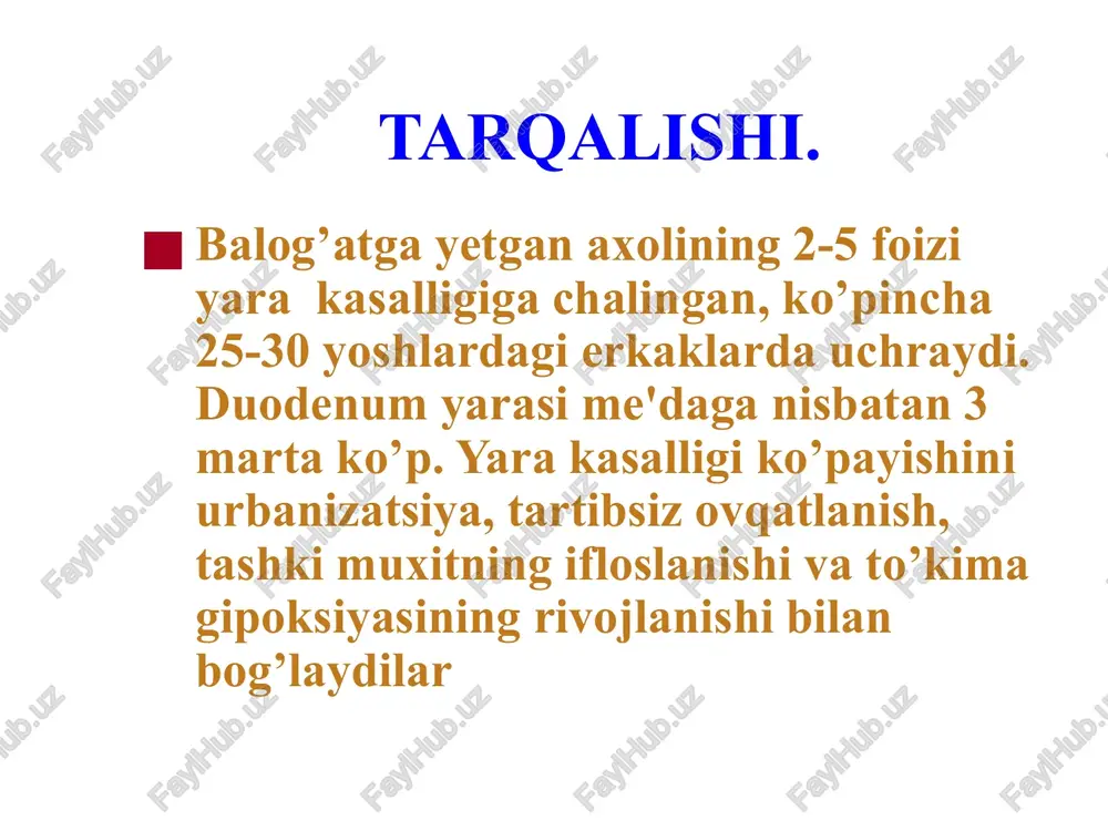e'da va pilorus muskullarining qisqarishi; b) tomir devori qisqarishi natijasida vujudga keluvchi ishemiya; c) yalliglanish jarayoni qusish - yara kasalligida ko`ngil aynishisiz, og’riqning eng kuchaygan davrida sodir bo`ladi qusishning ikki turi tafovut qilinadi: (1) gipersekretsiya ta'sirida yara satxining ta'sirlanishiga bo’liq; (2) me'da pilorik bo`limining stenozi natijasida. dispepsiya xolatlari. jig’ildon qaynashi nordon kekirish. ko`ngil aynishi kam uchraydi. kabziyat xastalikning zo`raygan davrida kuzatiladi laboratoriya tekshirishlari. me'dani fraksion usulda zondlanganda, ko`pincha shira miqdorining ko`payganligi va uning yuqori kislotaliligi aniqlanadi. najasda qon aniqlanishi yara vjudligini tasdiqlidi siydikda ko`pincha proteolitik ferment - uropepsin miqdorining ko`payishi aniqlanadi. rentgen tekshirishlari - yara «tokchasi», gastrofibroskopiya - yara nuqsoni shaklini, xajmini chuqurligini asoratlar borligini aniqlaydi. davosi. konservativ va jarroxlik usullari bilan bajariladi. davoni individualizatsiyalash xastalikni davolashda muxim-sharoyitlarda xisoblanadi. (1) jiddiy yotoq tartibi 1-2 xafta qo’llaniladi, (2) davoli ovqat . (3) dori-darmonlar bilan davolash patogenetik tamoyil (prinsip) asosida bajariladi: parda himoya faoliyatini, xujayralar regeneratsiyasini va mahalliy qon aylanishni sozlash, xelikobakter …