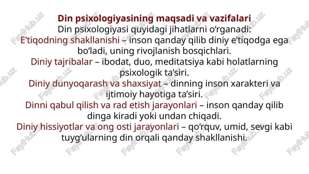 qo‘rquv va umid tuyg‘ularidan kelib chiqadi deb taklif qildi. din psixologiyasining asosiy yondashuvlari bu fan turli psixologik nazariyalarga asoslangan: psixoanalitik yondashuv (z. freyd, k. yunq) – din insonning ongsiz istaklari, qo‘rquvlari va ruhiy himoya mexanizmlariga asoslanadi. gumanistik psixologiya (a. maslou, k. rojers) – din insonning o‘z-o‘zini rivojlantirish va ma’naviy o‘sish vositasi sifatida qaraladi. kognitiv yondashuv – din inson tafakkuri, bilim olish jarayonlari va diniy e’tiqodning shakllanishini tushuntiradi. ijtimoiy psixologik yondashuv – din jamiyatdagi shaxslararo munosabatlar, ijtimoiy normalar va guruh identifikatsiyasiga ta’sir qiladi. thank you image1.png image2.png image3.png image4.png image5.png image6.png image7.png image8.png