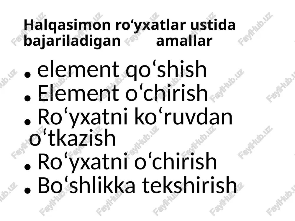 ijada joriy r element o‘chiriladi. void delete(node *p){ node *prev=p->prev; prev->next=p->next; node * next=p->next; next->prev=prev; delete(p); } xalqasimon ikki bog‘lamli ro‘yxat elementlarini ekranga chiqarish algoritmi va dasturi void printlist(node* list) { node *p=list; node *firstitem=list; //cheksiz tsiklga tushib qolmaslik uchun 1-elementni saqlab olamiz while(p) { cout data next; if(p==firstitem) break; }; } image1.png image2.png image3.png image4.png image5.png image6.png image7.png image8.png image9.png /docprops/thumbnail.jpeg