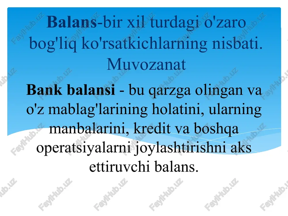 rzdorlarning kredit va lizing majburiyatlari 94500 garov sifatidagi qimmatli qog'ozlar, mulklar va mulkiy huquq(talab)lar № balans moddalari nomi aktiv passiv 1. ustav fondi 2. rezerv fondi 3. maxsus va boshqa fondlar 4. kelgusi davrlar daromadlari 5. chet el valyutasidagi operatsiyalar 6. pul mablag’lari 7. markaziy bankdagi majburiy zaxira fondi 8.qimmatli qog’ozlar bilan operatsiyalar 9. banklararo kredit olish 10. asosiy vositalar va xo’jalik xarajatlari № balans moddalari nomi aktiv passiv 1. ustav fondi + 2. rezerv fondi + 3. maxsus va boshqa fondlar + 4. kelgusi davrlar daromadlari + 5. chet el valyutasidagi operatsiyalar + 6. pul mablag’lari + 7. markaziy bankdagi majburiy zaxira fondi + 8.qimmatli qog’ozlar bilan operatsiyalar + 9. banklararo kredit olish + 10. asosiy vositalar va xo’jalik xarajatlari + - etiboringiz uchun raxmat. image2.png image3.png image4.emf image5.png image6.jpeg image7.jpeg image8.jpeg image9.jpeg s mm ss c hisobvaraq turkumi (kategoriyasi): 1 aktiv 2 majburiyatlar 3 kapital 4 daromadlar 5 …