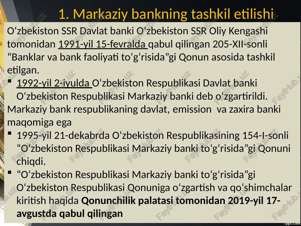 ijorat banklari ustidan nazorat. tijorat banklari faoliyatini tartibga solish tijorat banklarining iqtisodiy standartlari markaziy bank tomonidan belgilanadi va nazorat qilinadi. "bankustav kapitallashtirish uzb kam miqdori: 2023-yil 1-sentabrga qadar 100milliard so'mni; 2023-yil 1-sentabrdan e'tiboran 200milliard so'mni; 2024-yil 1-apreldan e'tiboran 350milliard so'mni; 2025-yil 1-yanvardan e'tiboran 500milliard so'mni tashkil etishi kerak”; ( qonunchilik palatasi tashkil etgan2023 yil 7 fevralqabul tuzilgan senat tashkil etgan2023-yil 7-apreldama'qullangan ) bank nazorati markaziy bank quyidagi huquqlarga ega: banklarni hisobotlarini, shuningdek ulardan olingan boshqa ma'lumotlarni olish va tekshirish; banklar faoliyatini tekshirish; banklarning ma'lumotlar bazasi va axborot tizimidan foydalaning. ayrim hollarda markaziy bank banklardan yoki bank guruhlaridan zudlik bilan chora ko‘rishni talab qilishga haqli. agar bank kuzatuv kengashi markaziy bankning talablariga rioya qilmasa, imb aksiyadorlarning navbatdan tashqari umumiy yig‘ilishini chaqirishga va kun tartibini belgilashga haqli. markaziy bankning prudensiyal talablari kapitalning etarlilik koeffitsientlari; qarz oluvchiga yoki tegishli qarz oluvchilar guruhiga tavakkalchilikning maksimal miqdori; yirik kredit risklari va investitsiyalarining maksimal hajmi; likvidlik …