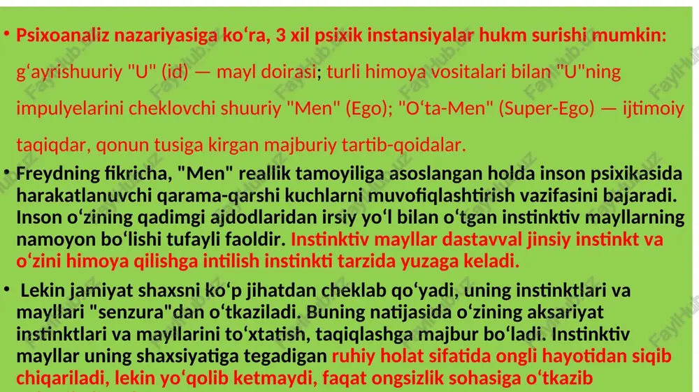 bemorning kundalik hayotidagi va terapevt bilan bo'lgan munosabatlarini tahlil qilish. bu, ongsiz motivatsiya va his-tuyg'ularni ochib berishga yordam beradi. 6. simvolizmni tahlil qilish: bemor tomonidan ishlatiladigan ramzlar va metaforalar orqali uning ongsiz ma'no va istaklarini tushunishga harakat qilish. bu texnikalar psixoanalitik terapiyaning asosini tashkil etadi va bemorning ichki dunyosini chuqurroq tushunishga yo'naltirilgan. har bir texnika bemorning individual ehtiyojlari va terapiya jarayonining bosqichlariga qarab qo'llaniladi. erkin assotsiatsiya - psixoanalizning asosiy texnikalaridan biri bo‘lib, bemorning ong ostida yotgan fikr va his-tuyg‘ularni ochib berishga yordam beradi. bu texnika sigmund freyd tomonidan ishlab chiqilgan va psixoanalitik terapiyaning muhim qismi hisoblanadi. erkin assotsiatsiyada bemor o‘z ongiga kelgan har qanday fikr yoki xotirani aytib berishi kerak, buni qilganda u o‘zini cheklamasligi, tanqid qilmasligi yoki qayta ishlamasligi talab qilinadi. terapevt bemorning aytganlarini tinglaydi va unga savollar berib, tahlil qilib boradi. bunda asosiy maqsad bemorning ong ostidagi sirli va unutilgan xotiralarni, his-tuyg‘ularni va ularni yuzaga chiqarishga intiladigan ichki …