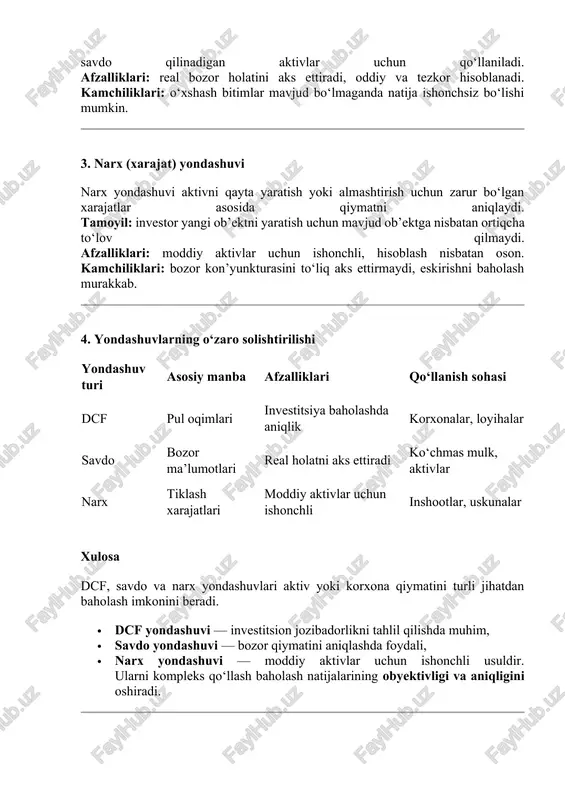 uchun ishonchli inshootlar, uskunalar xulosa dcf, savdo va narx yondashuvlari aktiv yoki korxona qiymatini turli jihatdan baholash imkonini beradi. · dcf yondashuvi — investitsion jozibadorlikni tahlil qilishda muhim, · savdo yondashuvi — bozor qiymatini aniqlashda foydali, · narx yondashuvi — moddiy aktivlar uchun ishonchli usuldir. ularni kompleks qo‘llash baholash natijalarining obyektivligi va aniqligini oshiradi. foydalanilgan adabiyotlar 1. brealey r.a., myers s.c. principles of corporate finance. – mcgraw-hill, 2020. 2. damodaran a. investment valuation: tools and techniques for determining the value of any asset. – wiley, 2012. 3. o‘zbekiston respublikasi moliya vazirligi. “baholash faoliyati to‘g‘risida”gi qonun, 2019-yil. 4. xolboyev a., jo‘rayev b. korxonalarni baholash asoslari. – toshkent: iqtisodiyot, 2021. 5. www.investopedia.com — discounted cash flow (dcf) analysis. image1.png