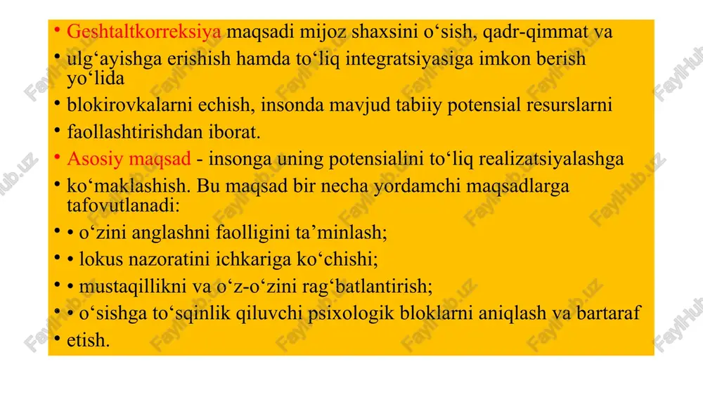 asosiy g'oyalaridan biri shundaki, insonning idroki faqat alohida qismlar yig'indisi sifatida emas, balki butun sifatida yuzaga keladi. figura – bu idrokning markaziy elementi yoki asosiy obyekti. masalan, biror rasmda asosiy shakl yoki o'zgarish figura hisoblanadi. bu idrok qiluvchining diqqatini tortadigan va ajralib turadigan elementdir. fon – bu figura bilan birga mavjud bo'lgan, ammo diqqatni tortmaydigan va figura bilan taqqoslaganda ortda qolgan elementdir. fon figura bilan birgalikda idrok qilinadi, ammo u odatda figura kabi aniq ajralib turmaydi. geshtalt psixologiyasida figura va fonning o'zaro munosabati ko'pincha idrokning qanday tashkil topishi va butun tasavvurni qanday shakllantirishi bilan bog'liq. misol uchun, bir rasmda figura va fonni ajratish va ular orasidagi o'zaro aloqalarni tushunish, odamning tasvirni qanday qabul qilishi va unga qanday javob berishini aniqlashga yordam beradi. xozirgi vaqtga diqqatni karatish va anglash, va aksincha. bu tushunchalar geshtaltpsixologiya doirasida o'rganilgan va odamlarning idrok jarayonlaridagi "hozirgi" va "o'tgan" vaqtni qanday ajratishlarini tushunishga qaratilgan. hozirgi vaqtga diqqatni …
