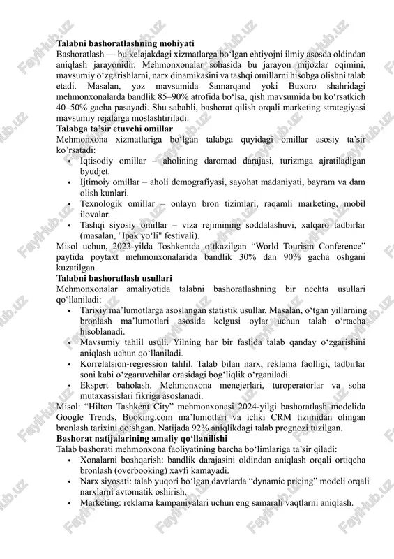 li talabni oldindan belgilash imkonini berishi ta’kidlanadi. shuningdek, j. song va g. witt (2017) “tourism demand modelling and forecasting” asarida turizm va mehmonxona xizmatlariga bo‘lgan talabni bashoratlashda ekonometrik modellar, arima, eksponensial tekislash va regression tahlil kabi usullarni samarali qo‘llash mumkinligini ko‘rsatadi. mahalliy manbalarda ham ushbu masalaga e’tibor kuchaymoqda. o‘zbekiston respublikasi turizm qo‘mitasining 2024–2025-yillardagi hisobotlarida mamlakatda mehmonxona soni va sig‘imining yil sayin o‘sayotgani, ayniqsa ichki turizm hajmining ortib borayotgani qayd etilgan. shu sababli, talabni bashoratlashning ilmiy asoslarini o‘zbek turizm amaliyotiga moslashtirish dolzarb vazifalardan biridir. xulosa qilib aytganda, mavjud ilmiy adabiyotlar shuni ko‘rsatadiki, mehmonxonalarda xizmatlarga bo‘lgan talabni bashoratlash faqat statistik tahlil bilan cheklanmasdan, marketing, texnologiya va inson omillarini birlashtirgan kompleks yondashuvni talab etadi. bu esa zamonaviy raqamli iqtisodiyot sharoitida mehmonxona boshqaruvi samaradorligini oshirishga xizmat qiladi. asosiy qism: talabni bashoratlashning mohiyati bashoratlash — bu kelajakdagi xizmatlarga bo‘lgan ehtiyojni ilmiy asosda oldindan aniqlash jarayonidir. mehmonxonalar sohasida bu jarayon mijozlar oqimini, mavsumiy o‘zgarishlarni, narx dinamikasini …